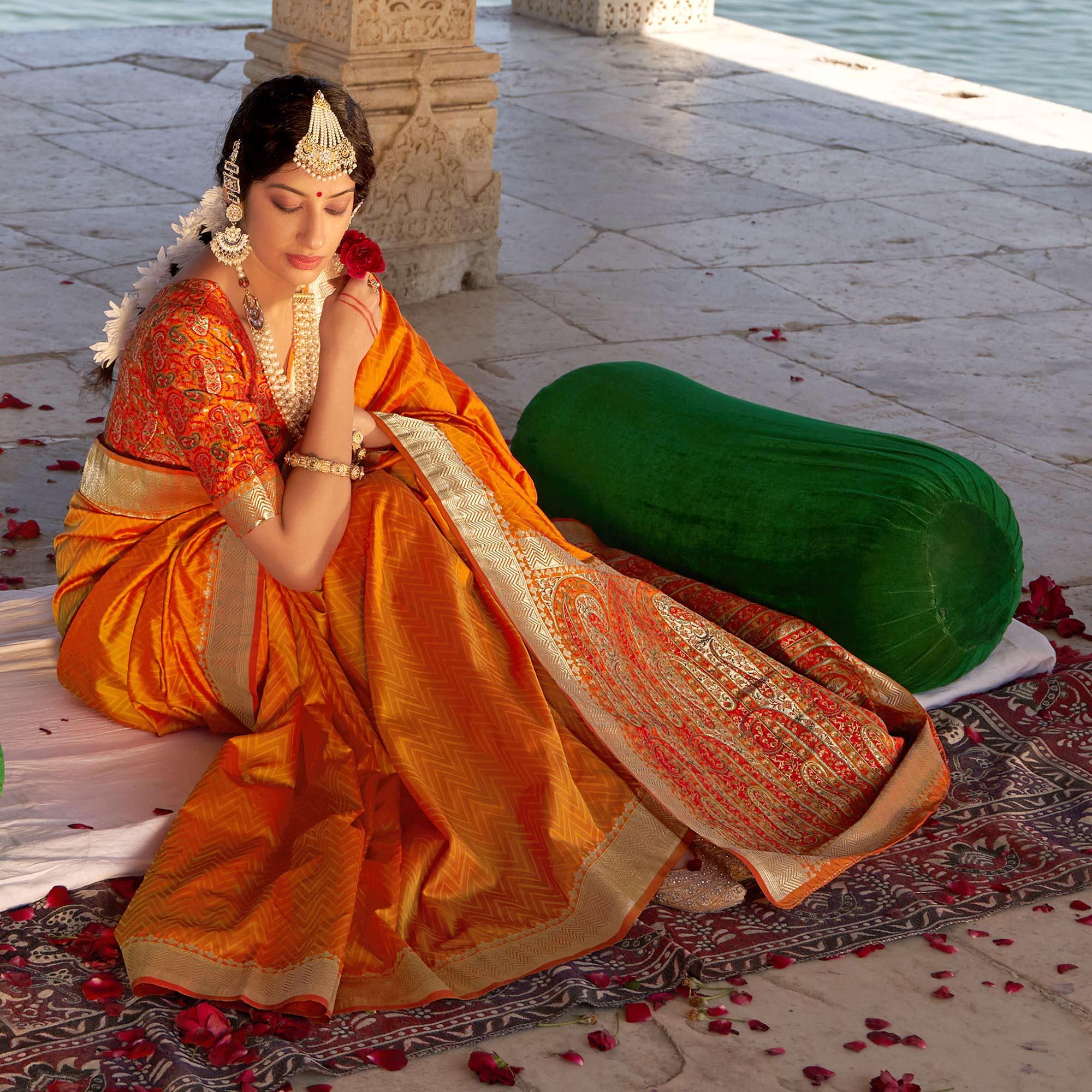 Orange Festive Wear Woven Banarasi Silk Saree - Peachmode