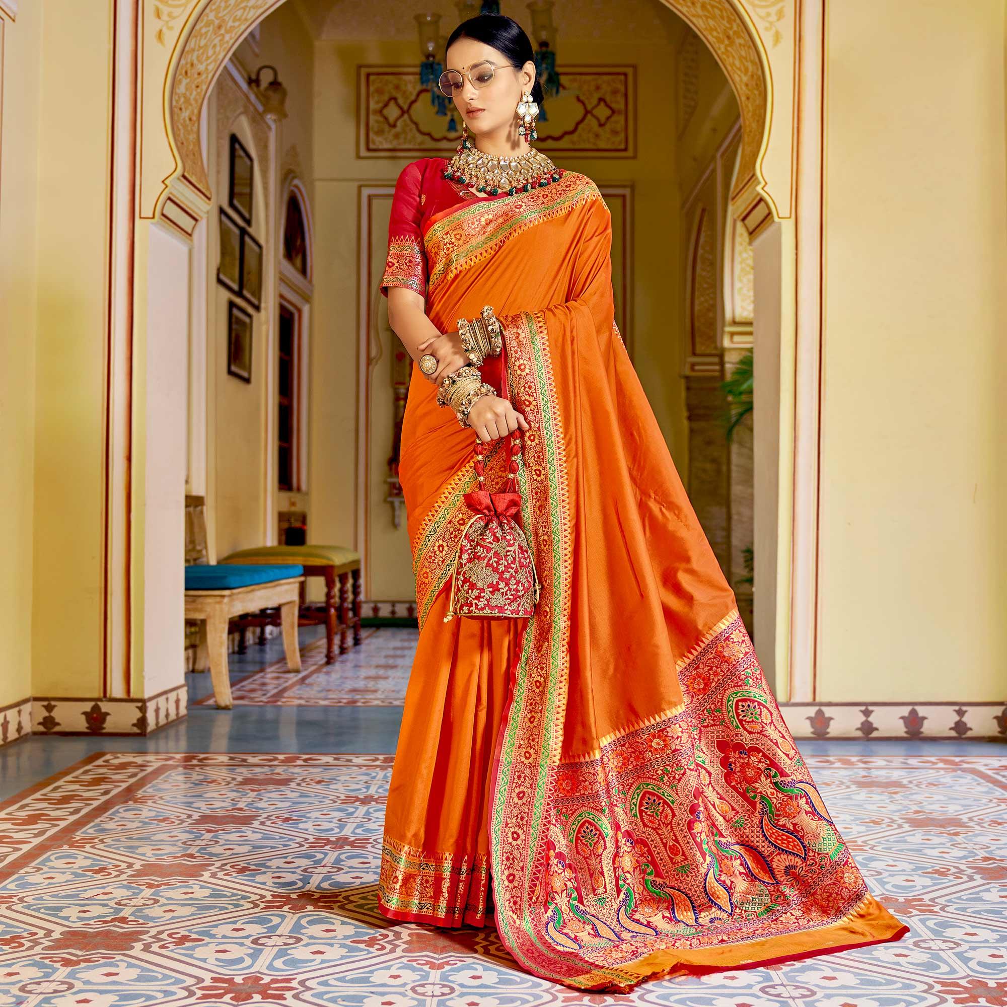 Orange Festive Wear Woven Banarasi Silk Saree - Peachmode