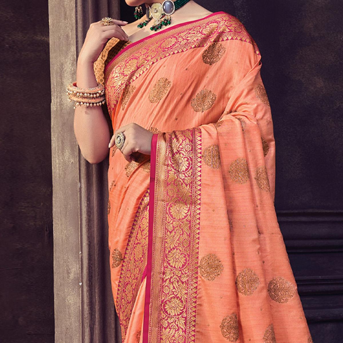 Orange Festive Wear Woven Banarasi Silk Saree With Tassels - Peachmode