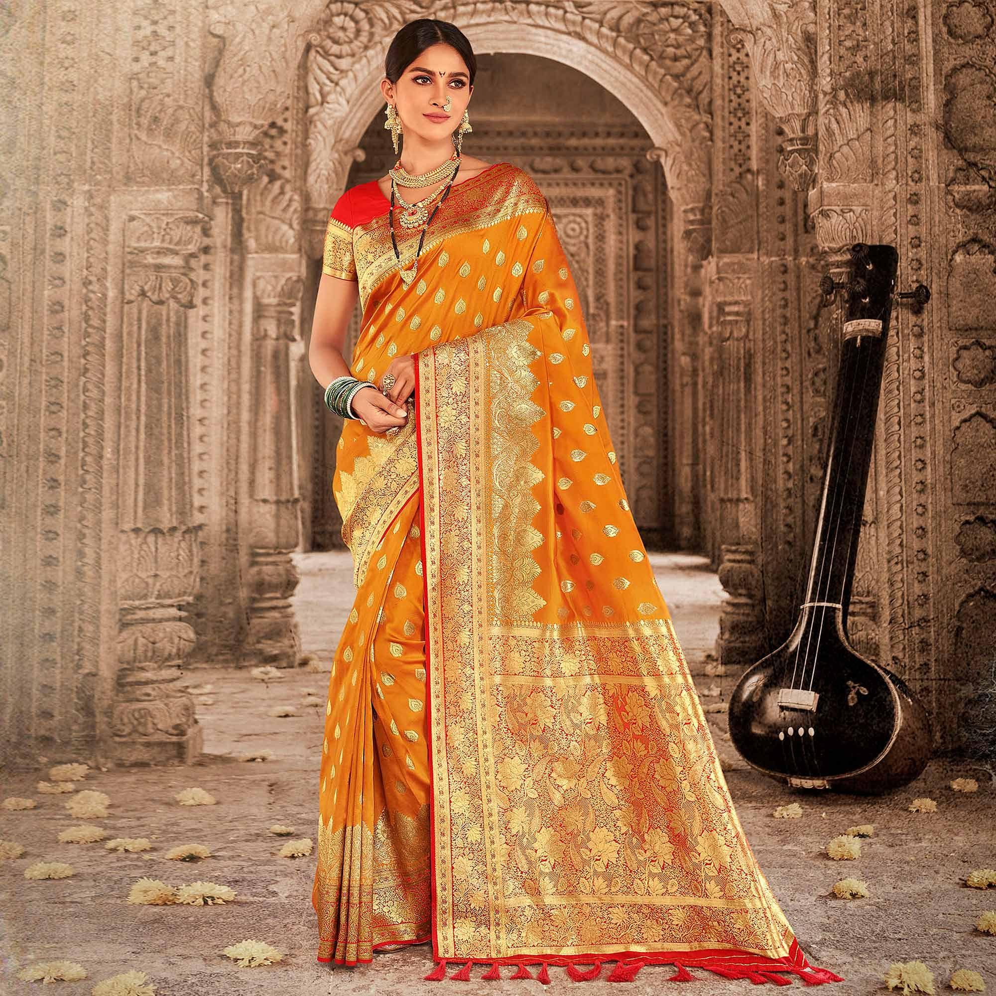 Orange Festive Wear Woven Banarasi Silk Saree With Zari Border Pallu - Peachmode