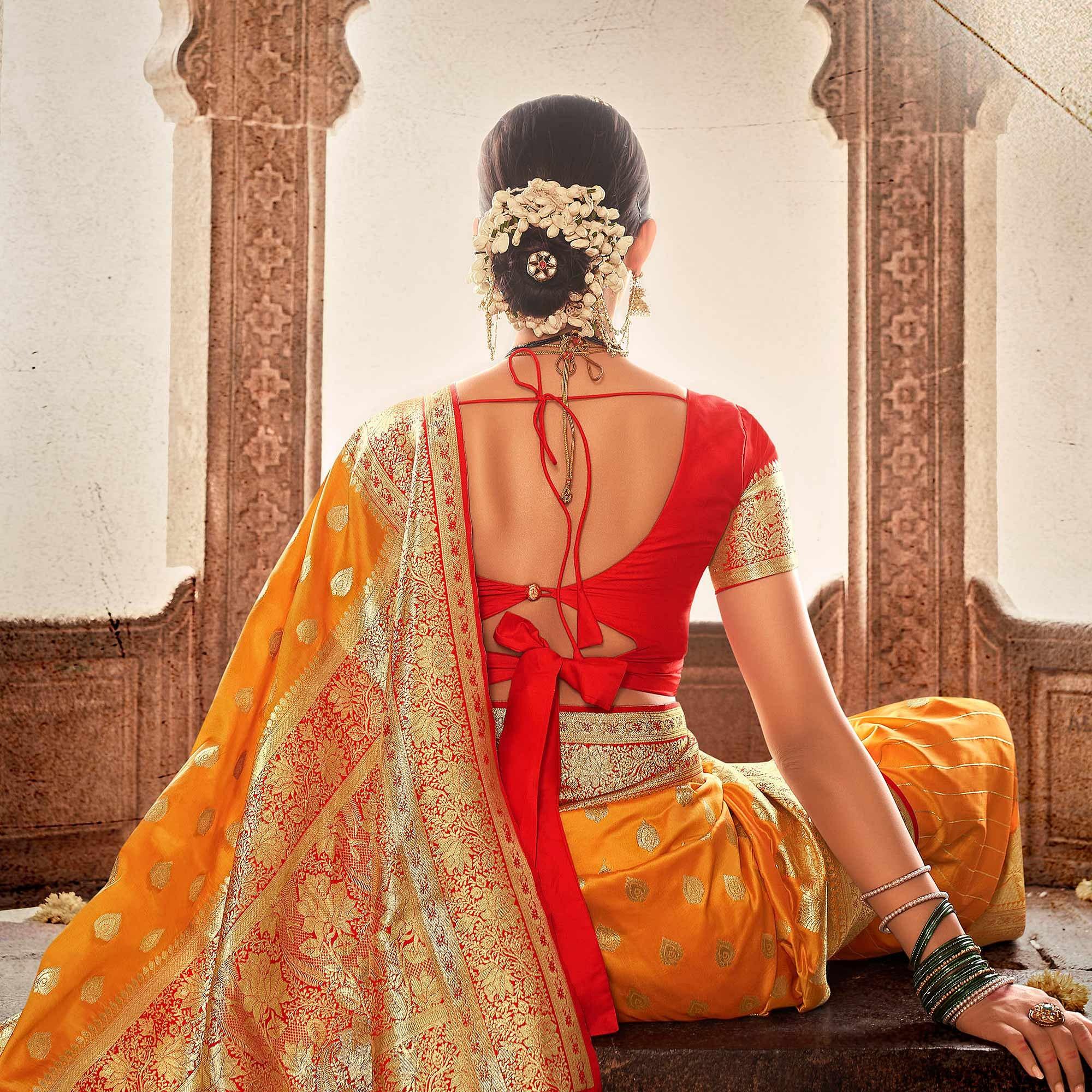 Orange Festive Wear Woven Banarasi Silk Saree With Zari Border Pallu - Peachmode