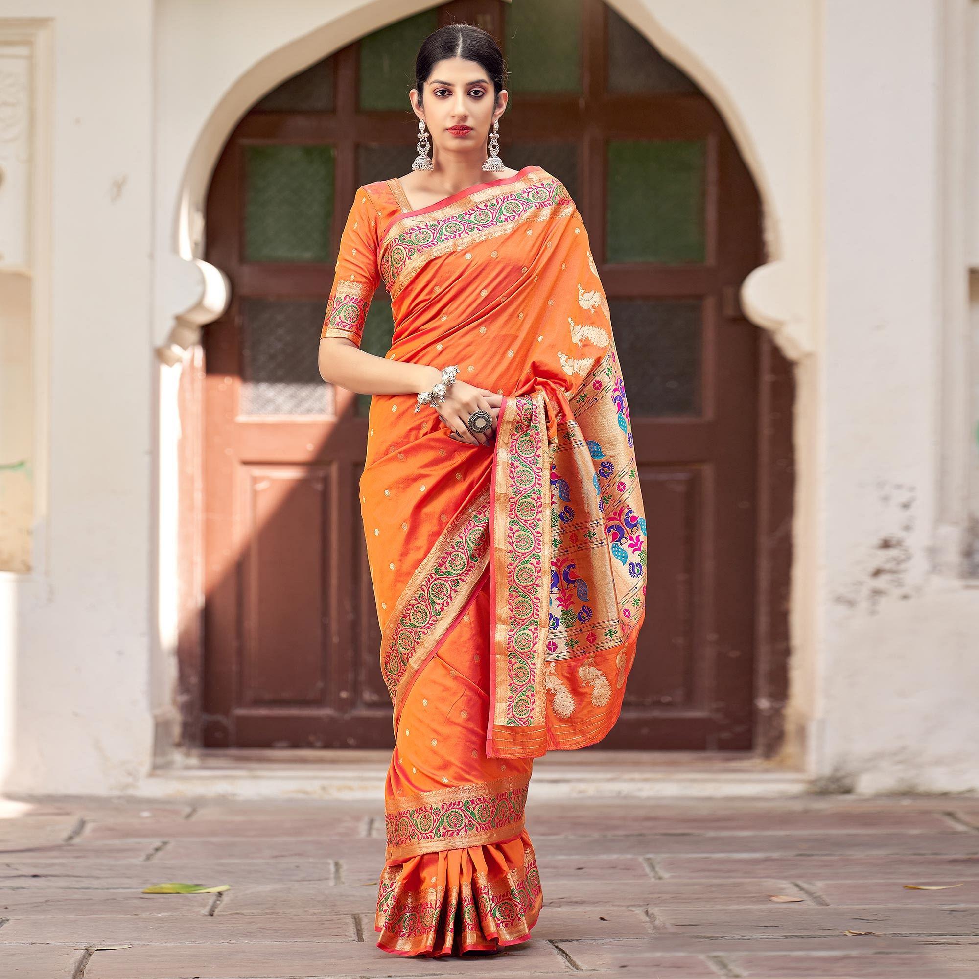 Orange Festive Wear Woven Banarasi Soft Silk Saree - Peachmode