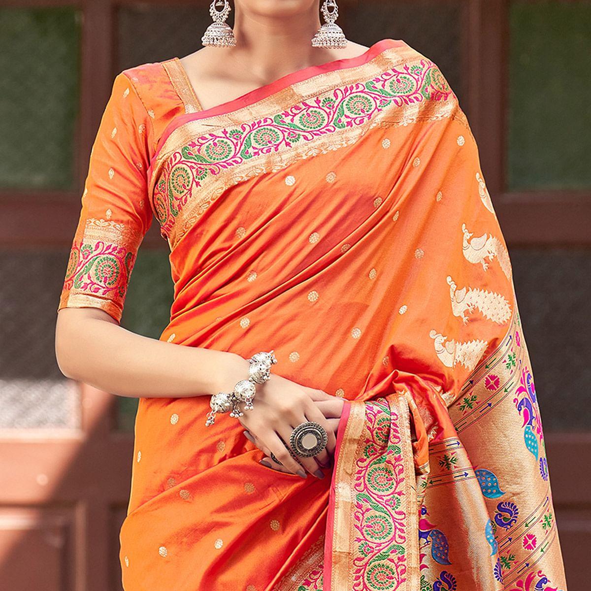 Orange Festive Wear Woven Banarasi Soft Silk Saree - Peachmode