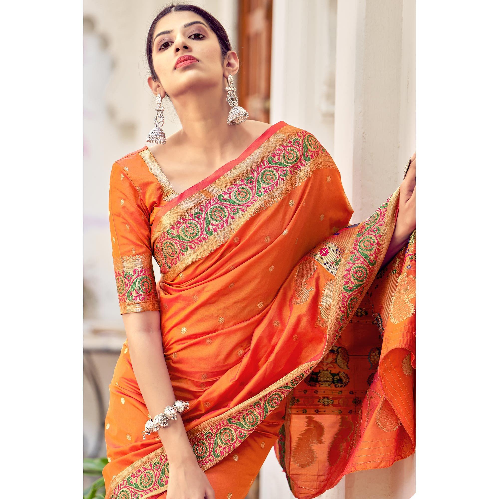Orange Festive Wear Woven Banarasi Soft Silk Saree - Peachmode
