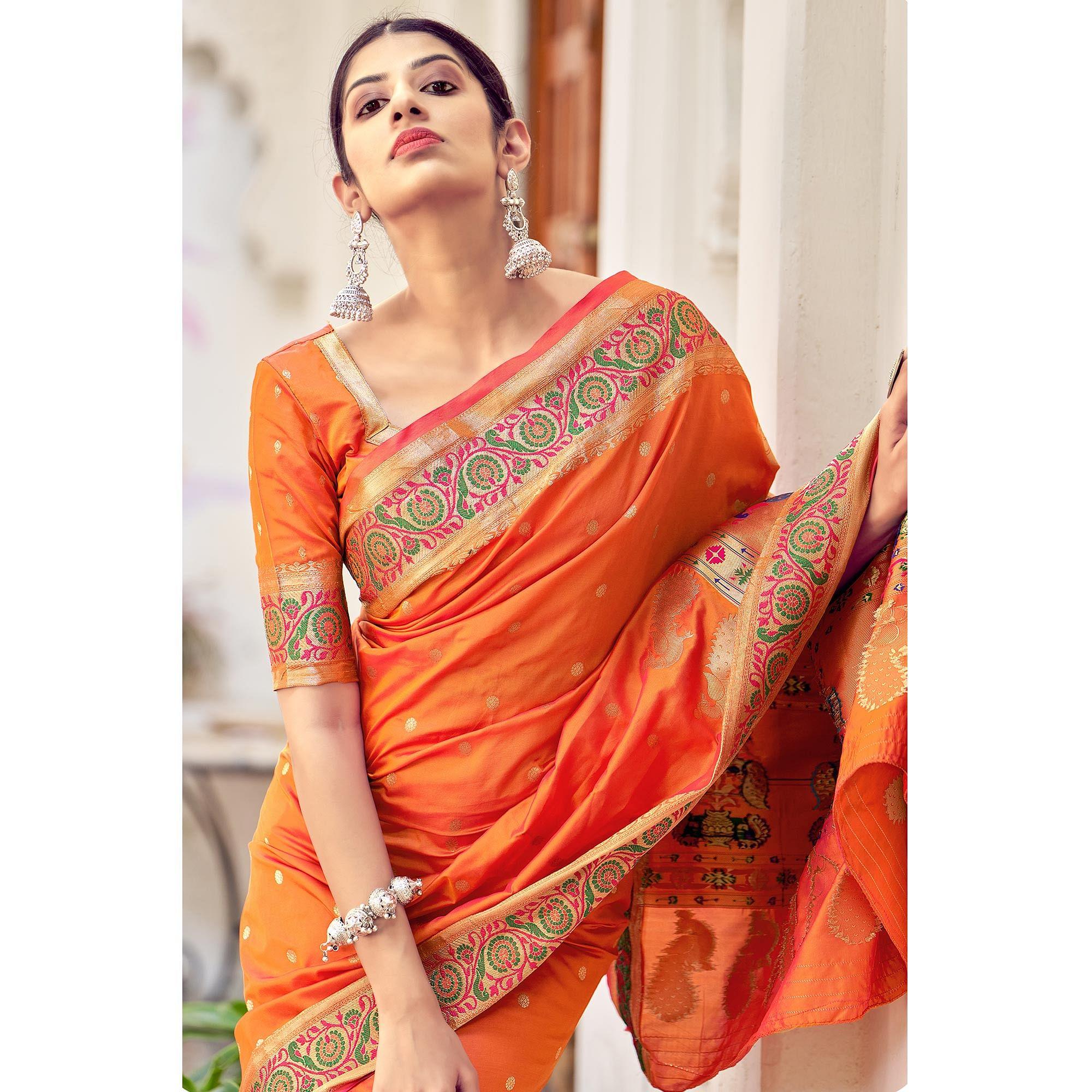 Orange Festive Wear Woven Banarasi Soft Silk Saree - Peachmode