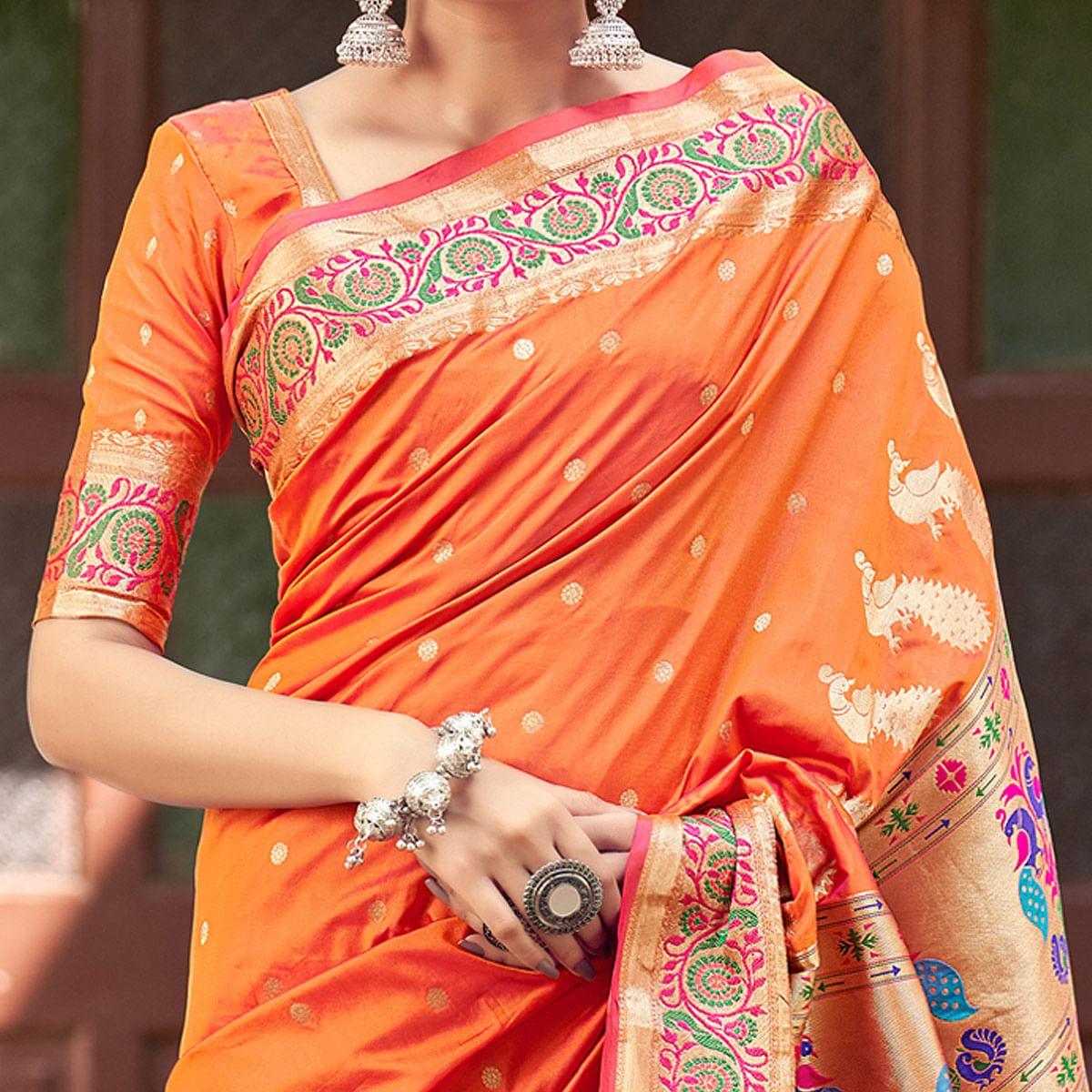 Orange Festive Wear Woven Banarasi Soft Silk Saree - Peachmode
