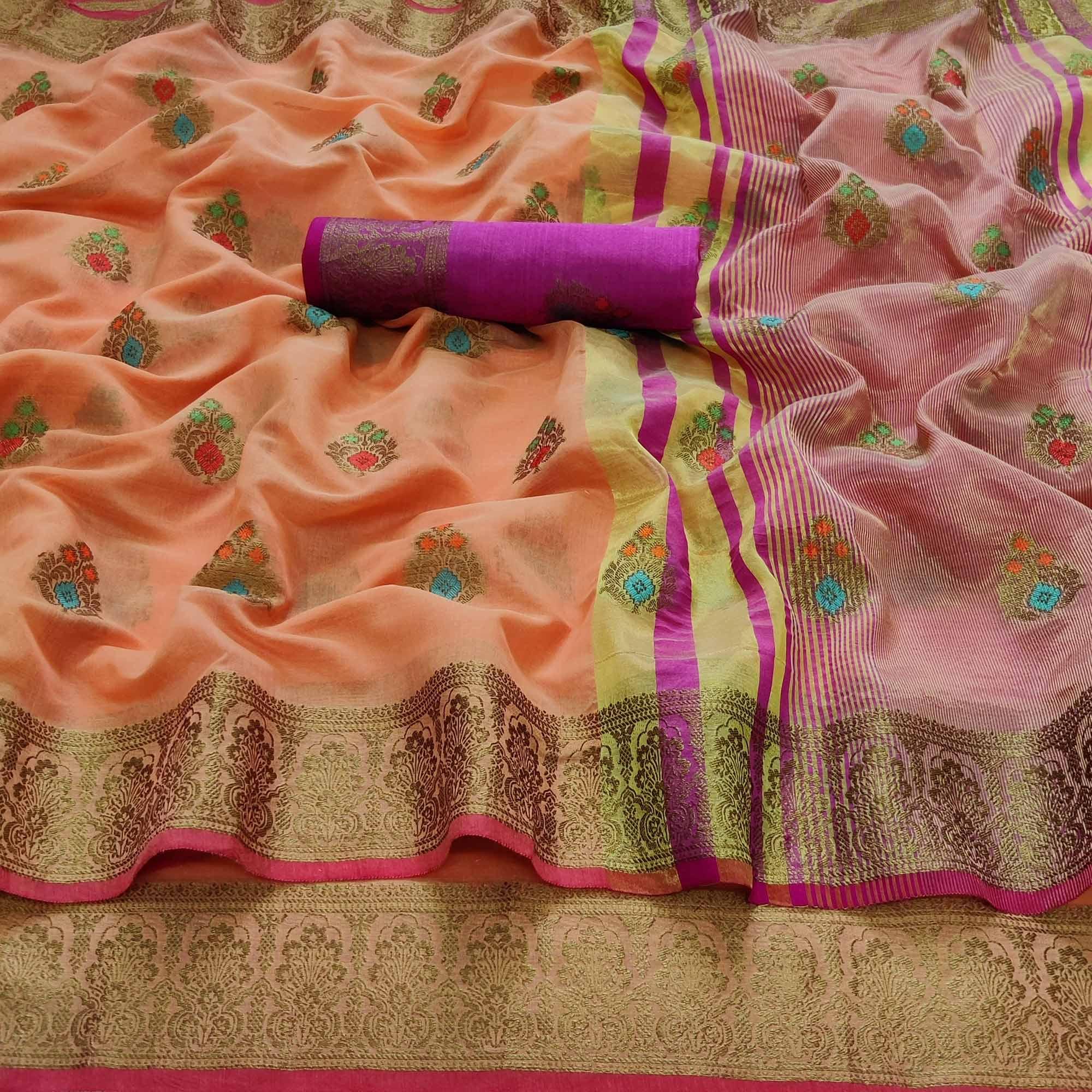 Orange Festive Wear Woven Border With Butta Work Cotton Saree - Peachmode