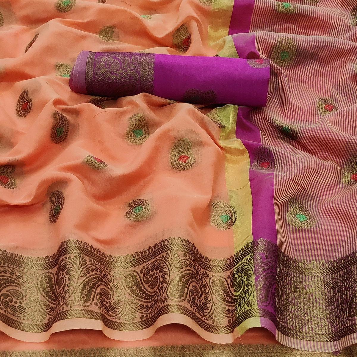 Orange Festive Wear Woven Border With Butta Work Cotton Saree - Peachmode