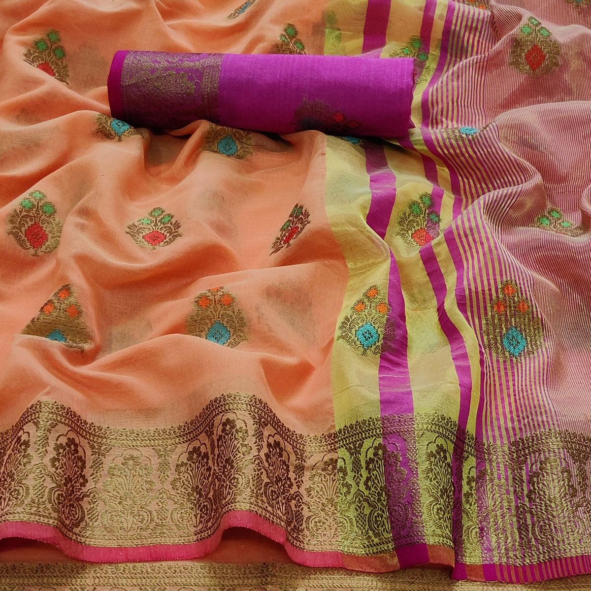 Orange Festive Wear Woven Border With Butta Work Cotton Saree - Peachmode