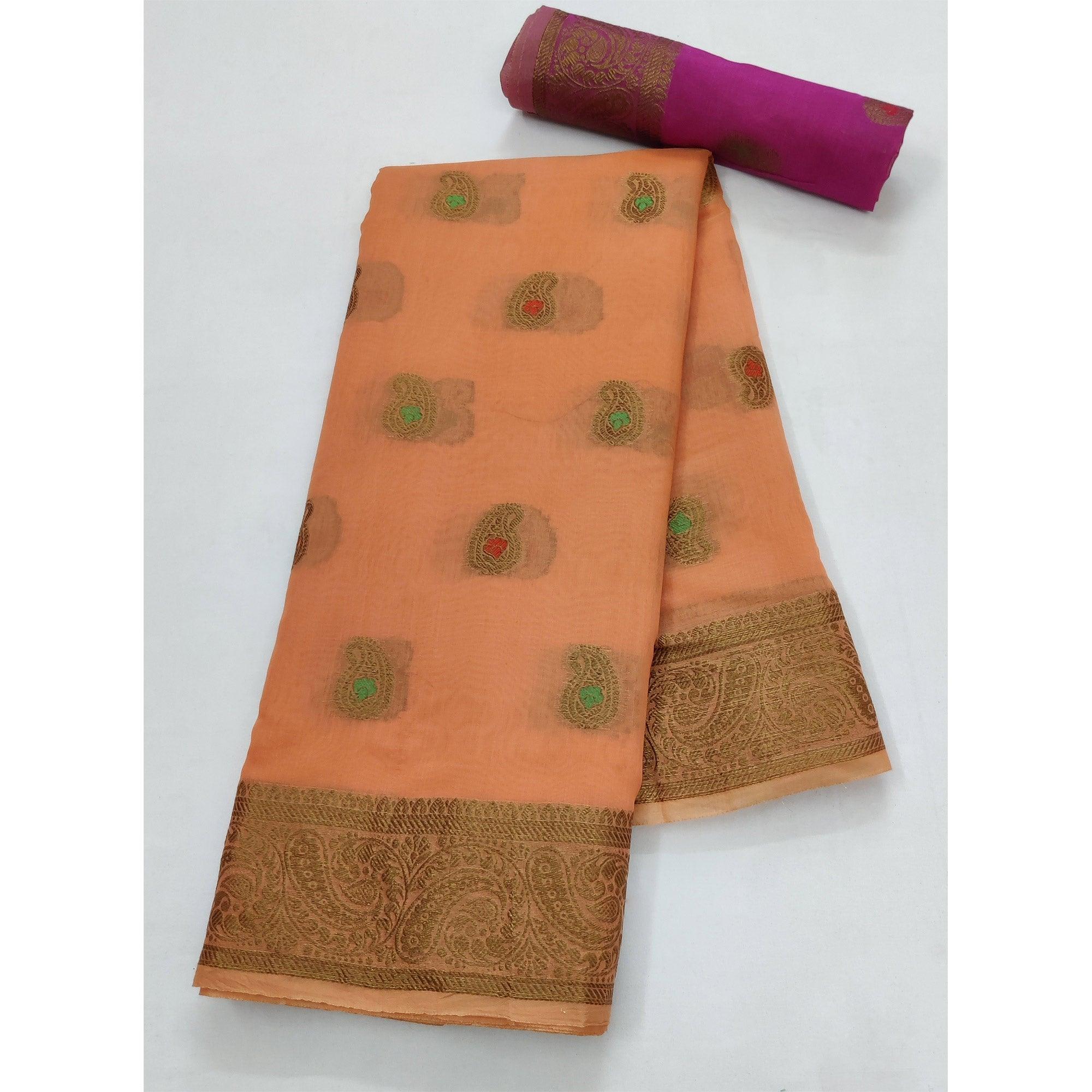 Orange Festive Wear Woven Border With Butta Work Cotton Saree - Peachmode