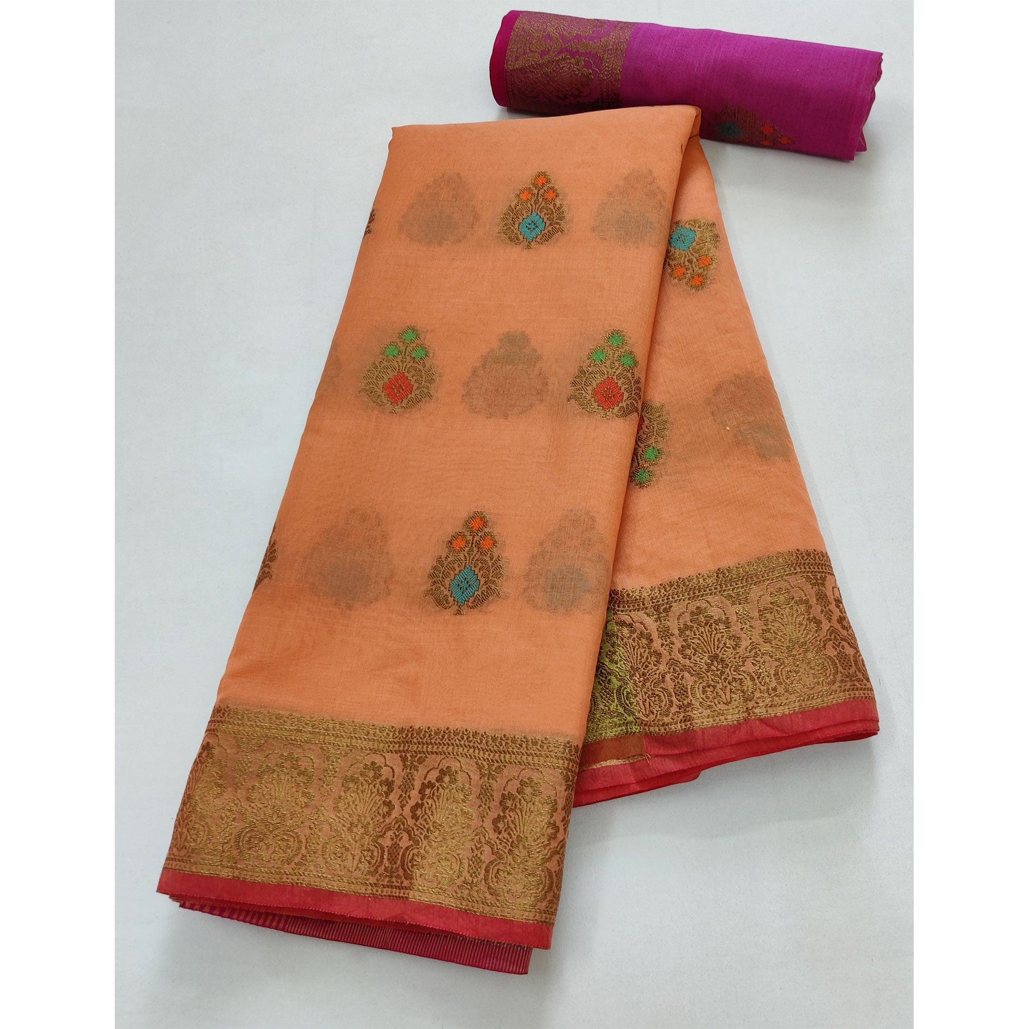 Orange Festive Wear Woven Border With Butta Work Cotton Saree - Peachmode