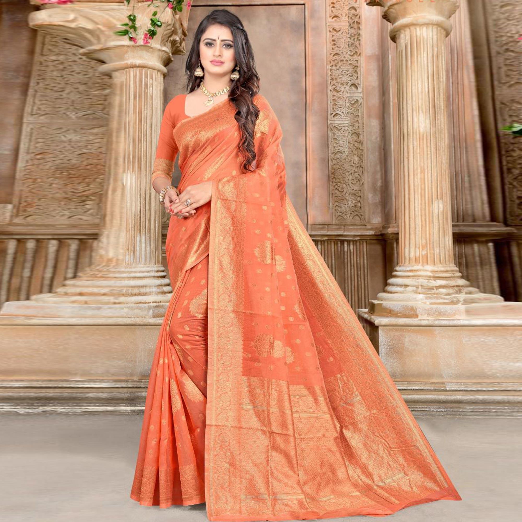 Orange Festive Wear Woven Chanderi Silk Saree - Peachmode