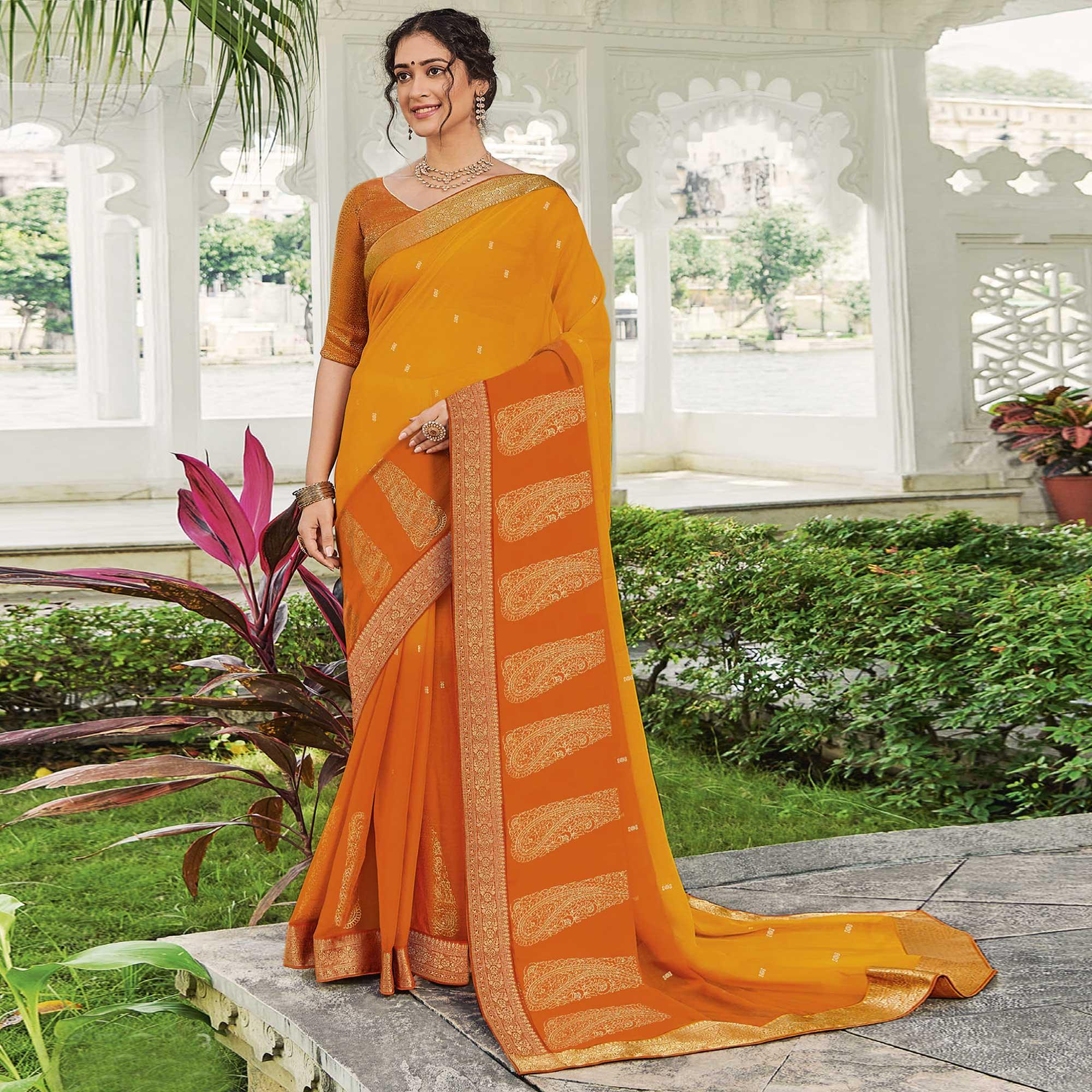 Orange Festive Wear Woven Chiffon Saree - Peachmode