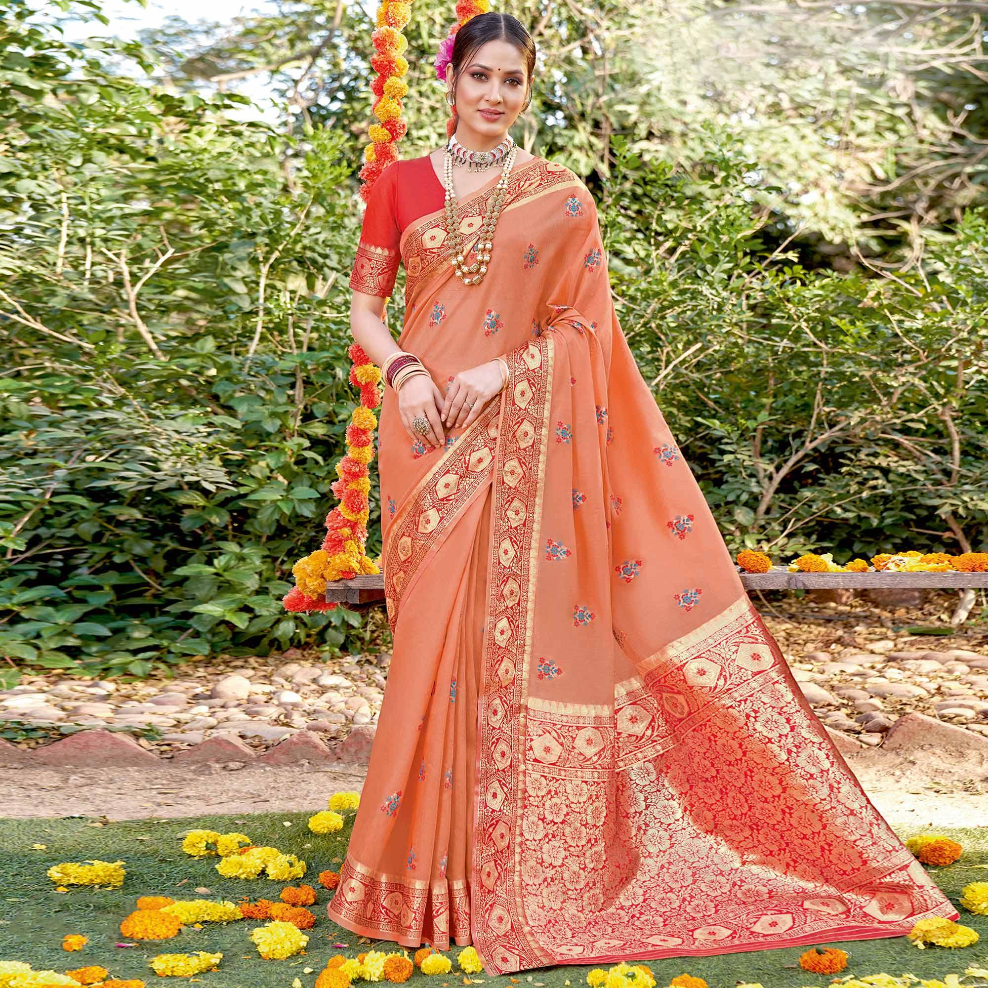 Orange Festive Wear Woven Cotton Saree - Peachmode