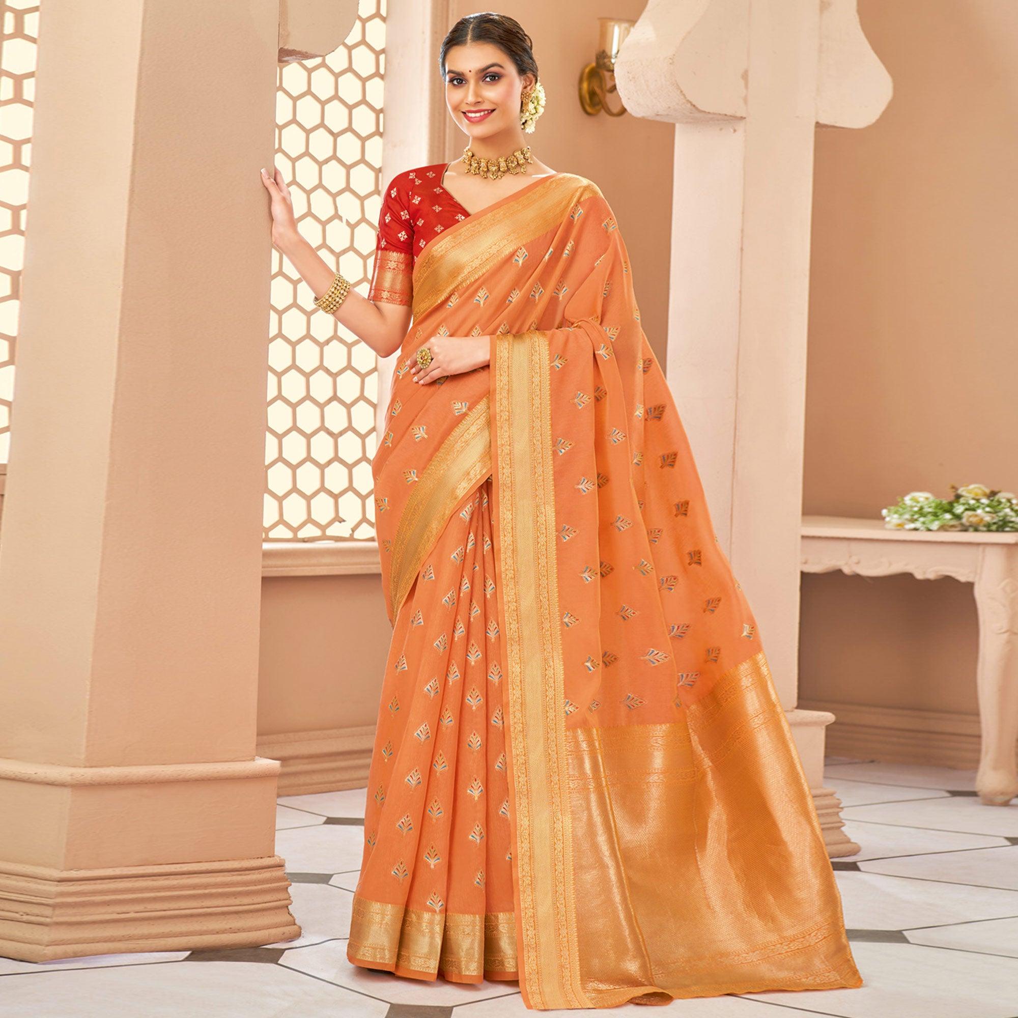 Orange Festive Wear Woven Cotton Saree - Peachmode