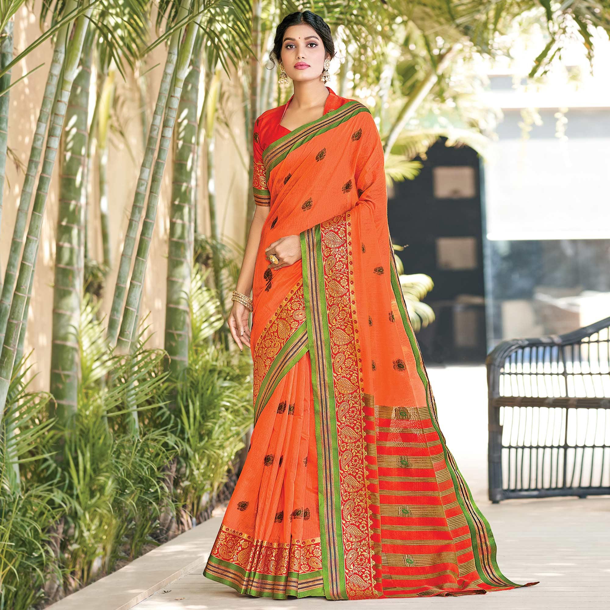 Orange Festive Wear Woven Cotton Saree - Peachmode