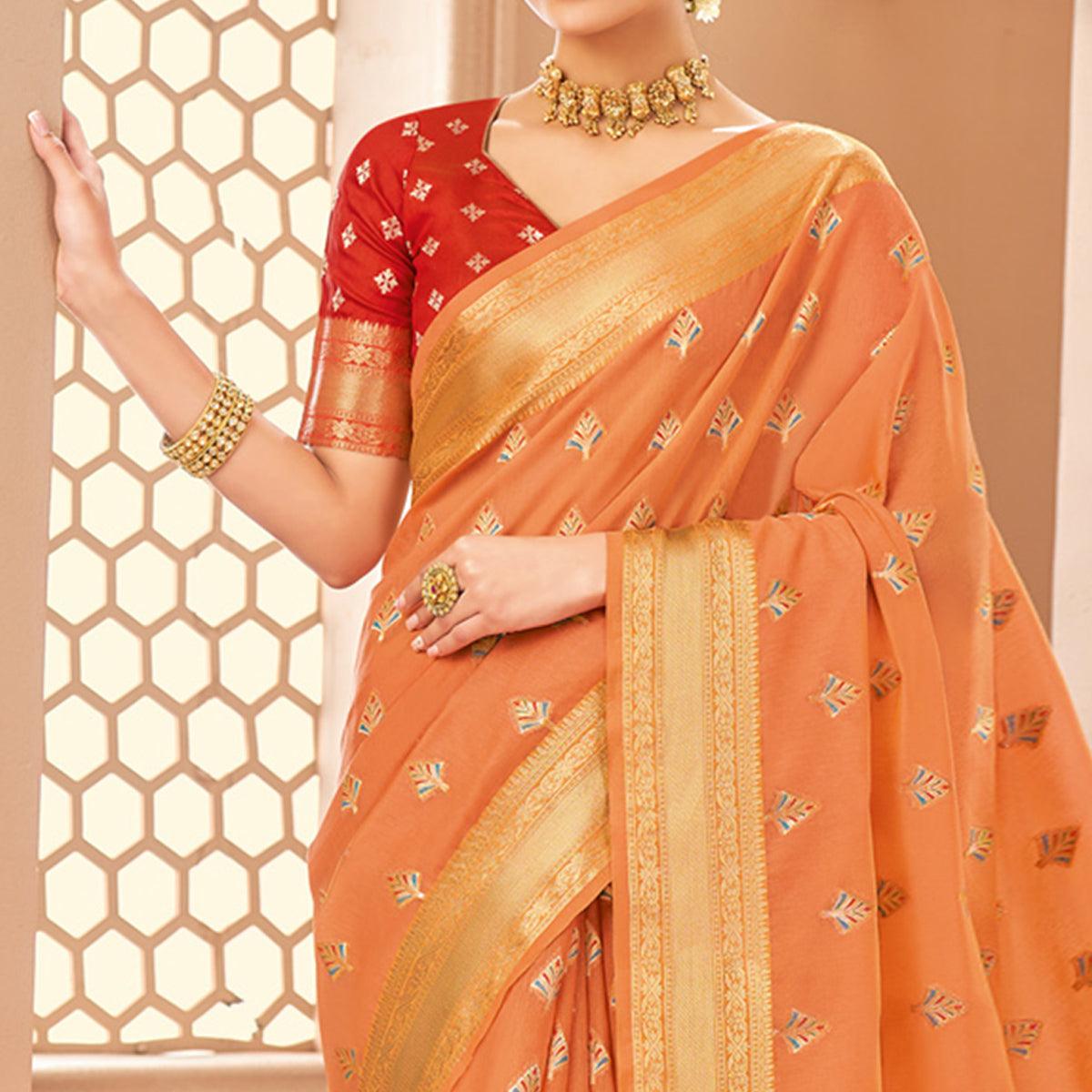 Orange Festive Wear Woven Cotton Saree - Peachmode