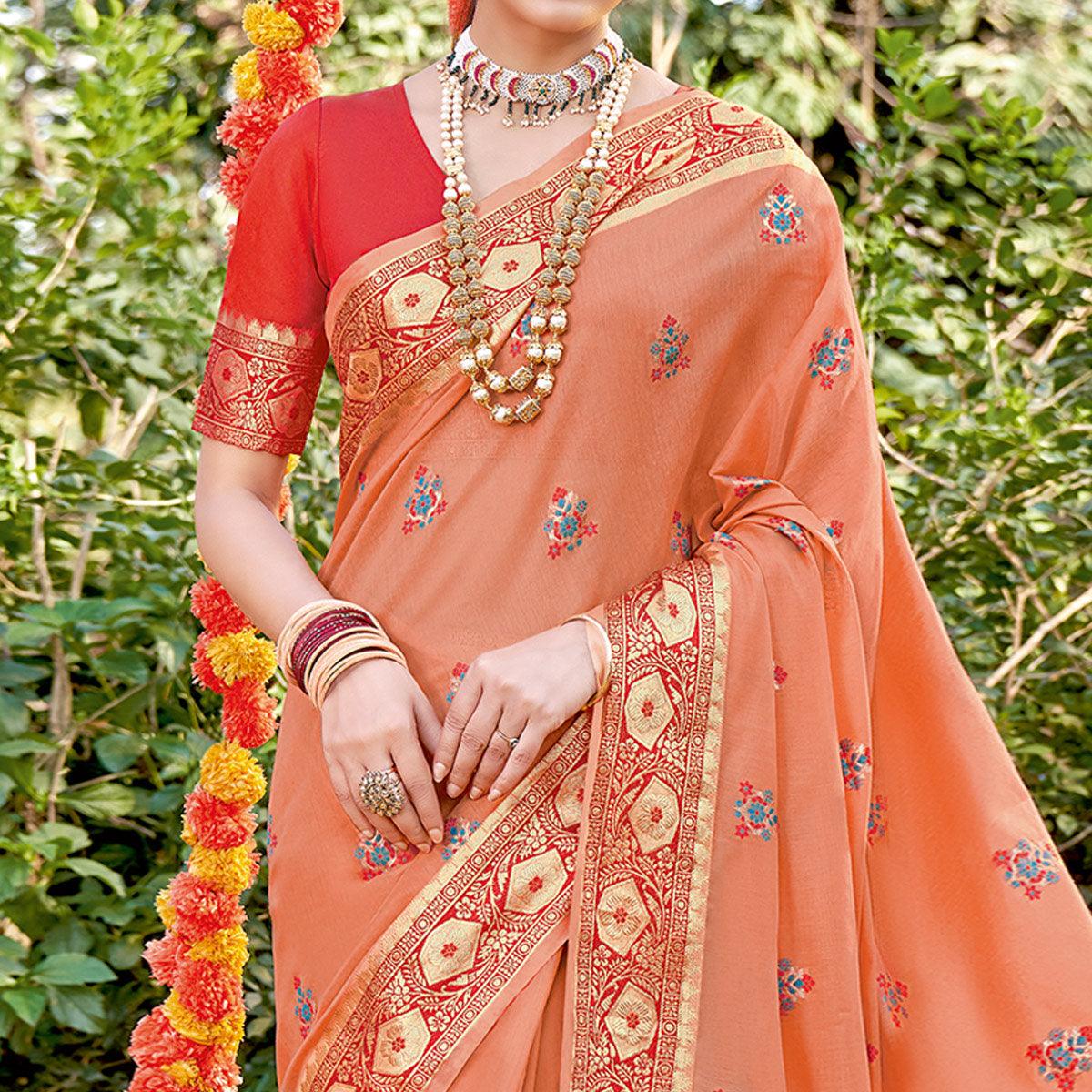 Orange Festive Wear Woven Cotton Saree - Peachmode