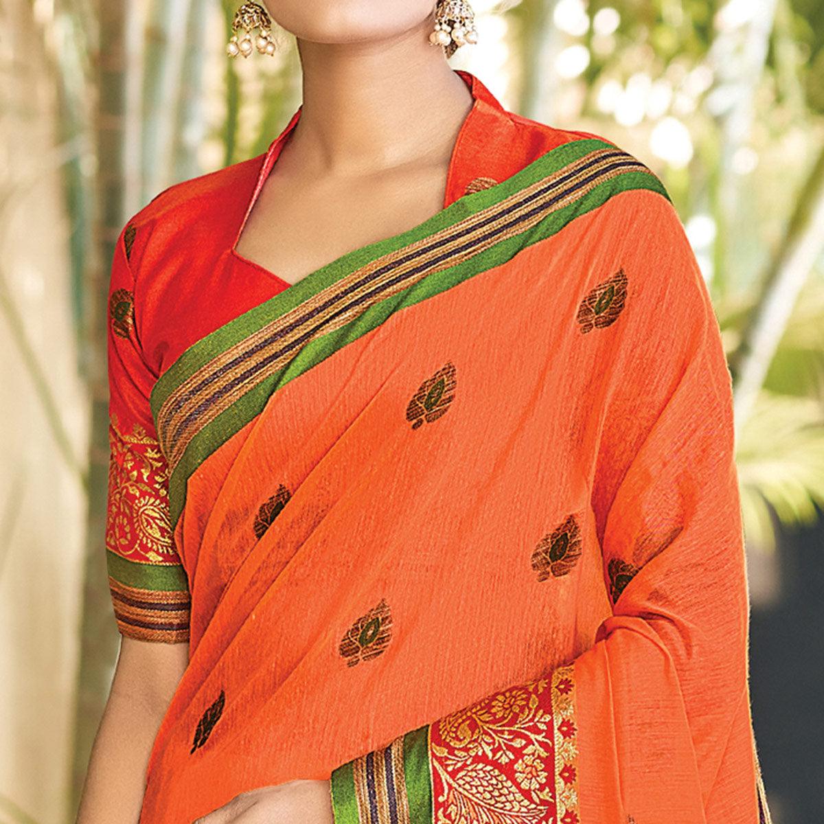 Orange Festive Wear Woven Cotton Saree - Peachmode