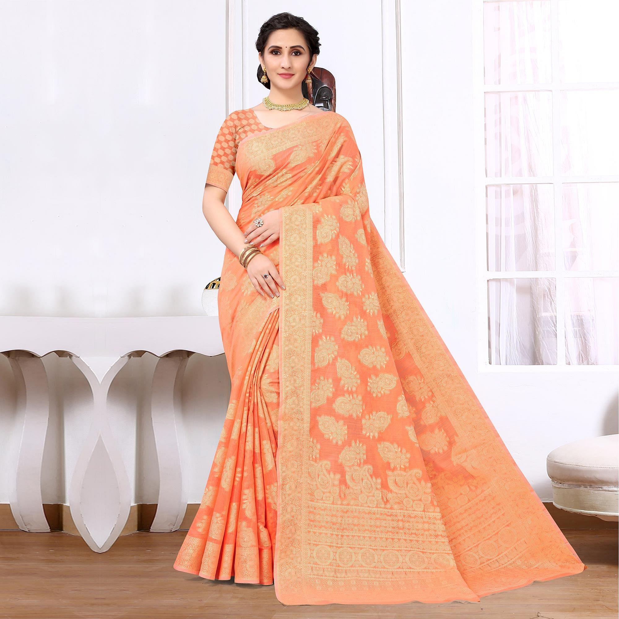 Orange Festive Wear Woven Cotton Saree - Peachmode