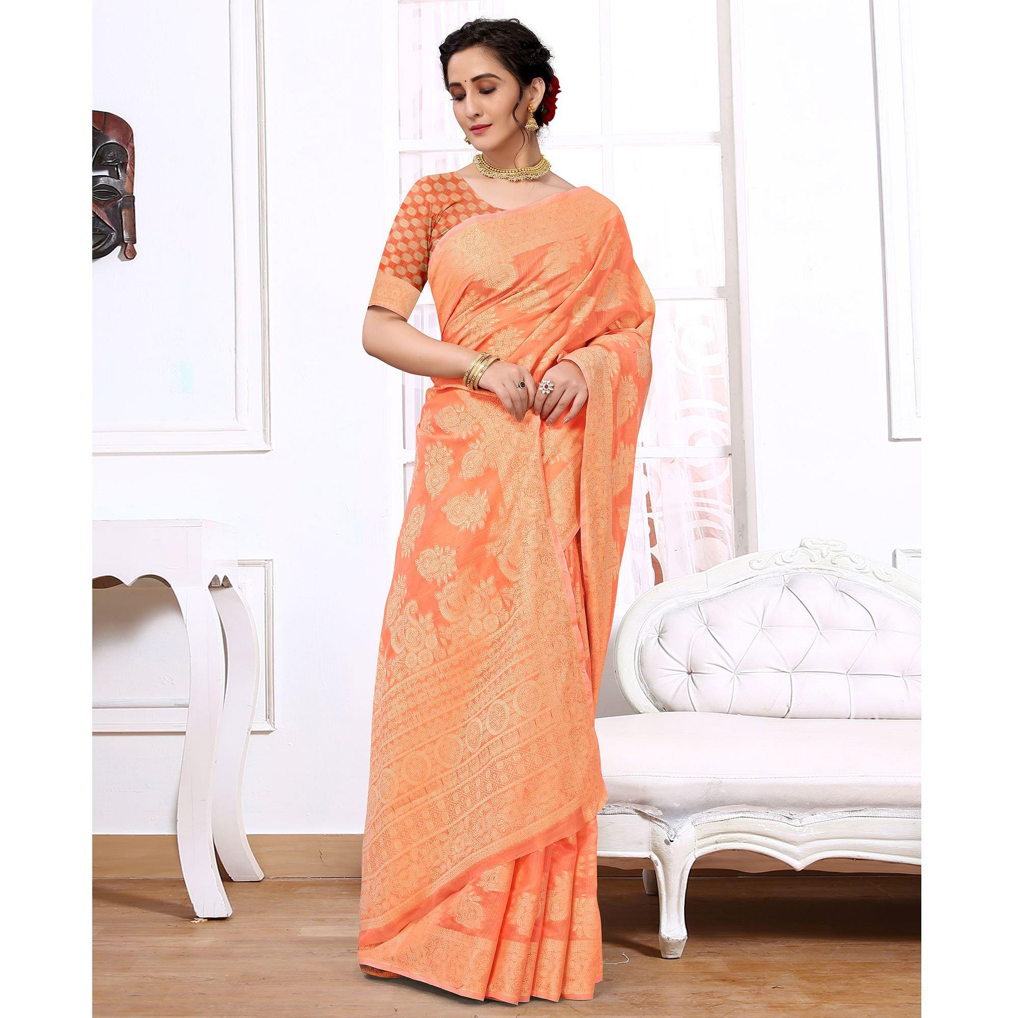 Orange Festive Wear Woven Cotton Saree - Peachmode