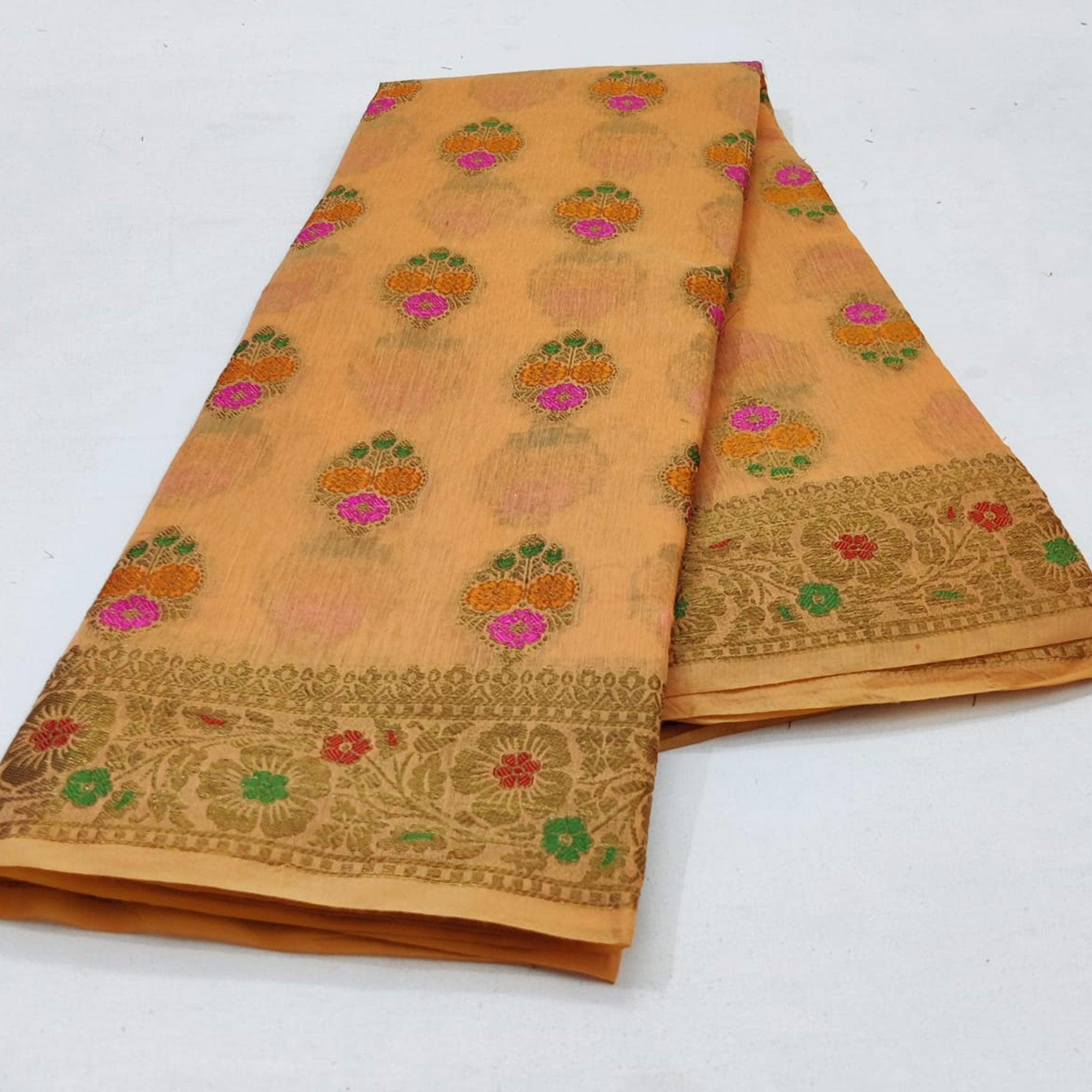 Orange Festive Wear Woven Cotton Saree With Meena Butta Pallu - Peachmode