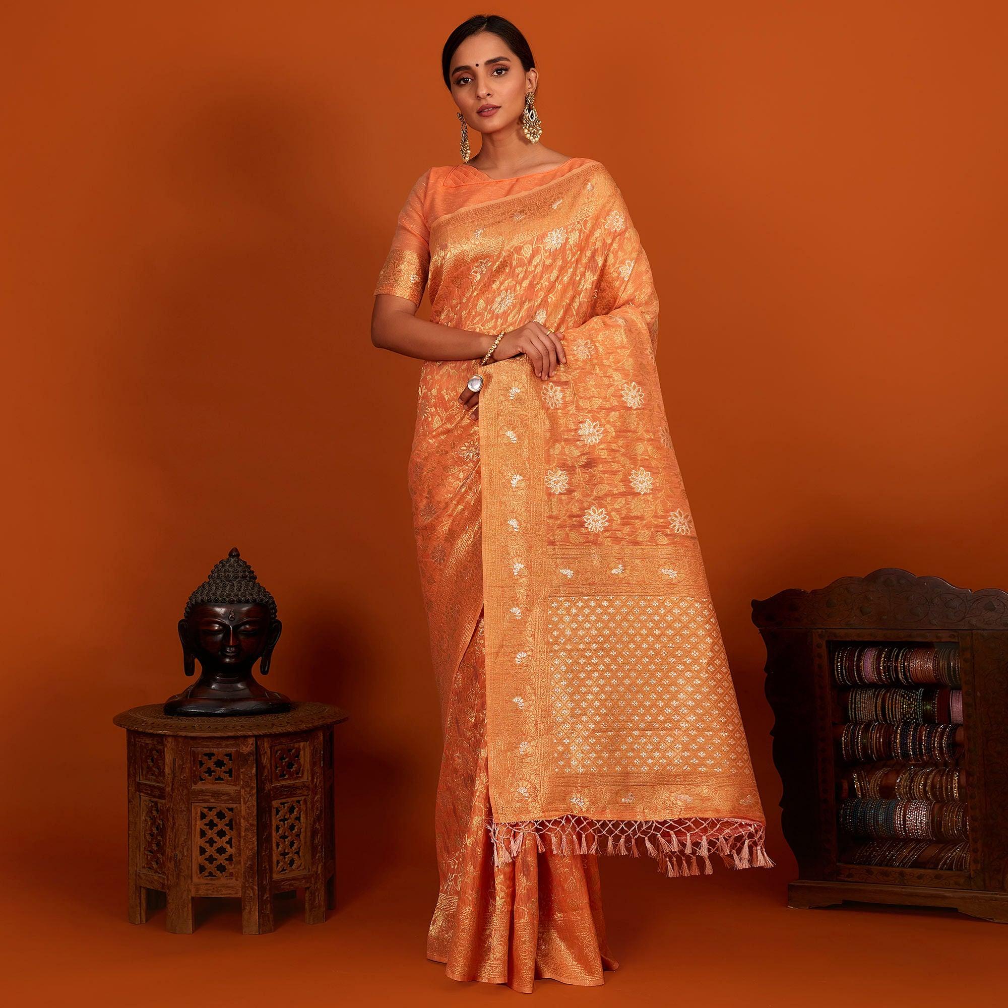 Orange Festive Wear Woven Cotton Saree With Tassels - Peachmode