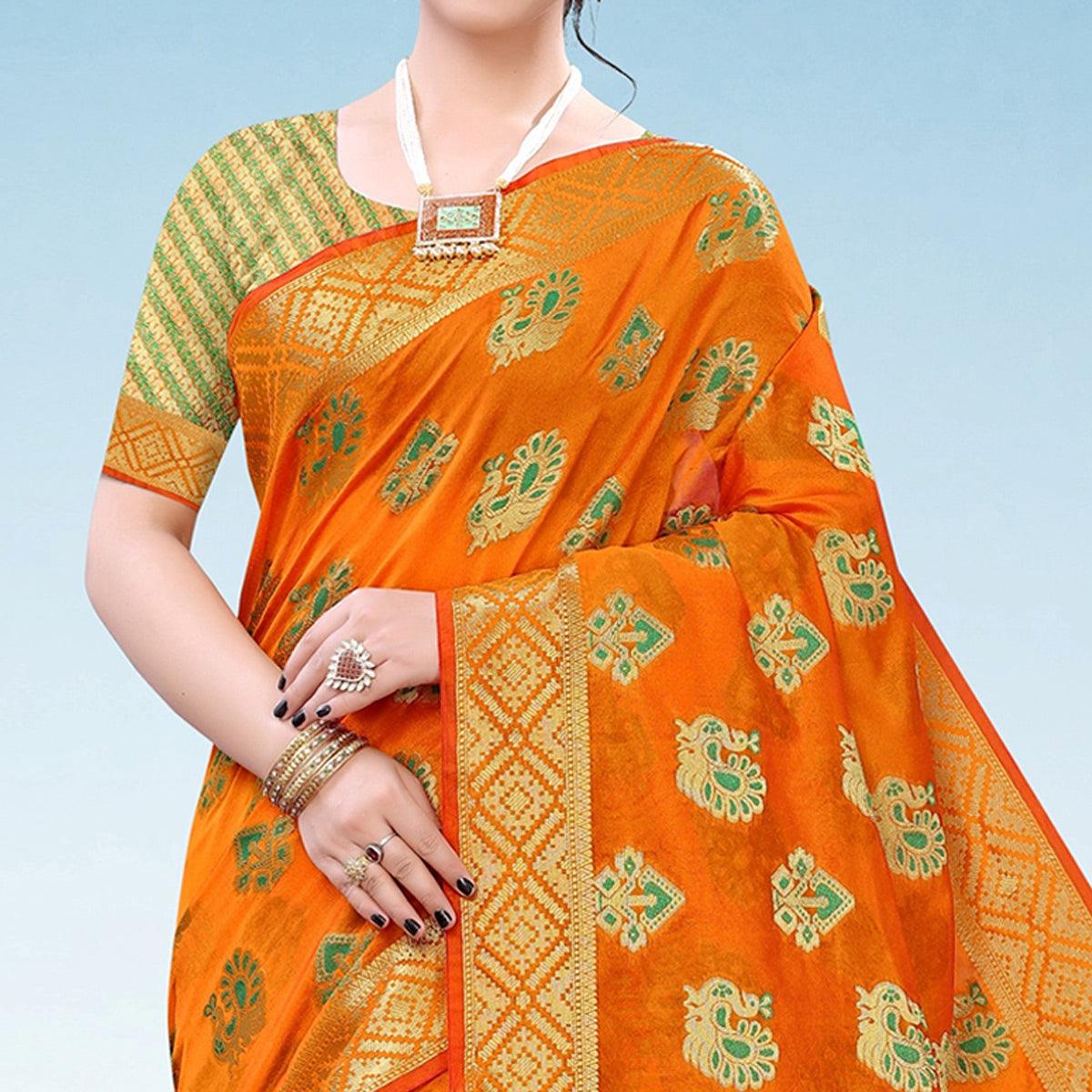 Orange Festive Wear Woven Cotton Saree With Tassels - Peachmode