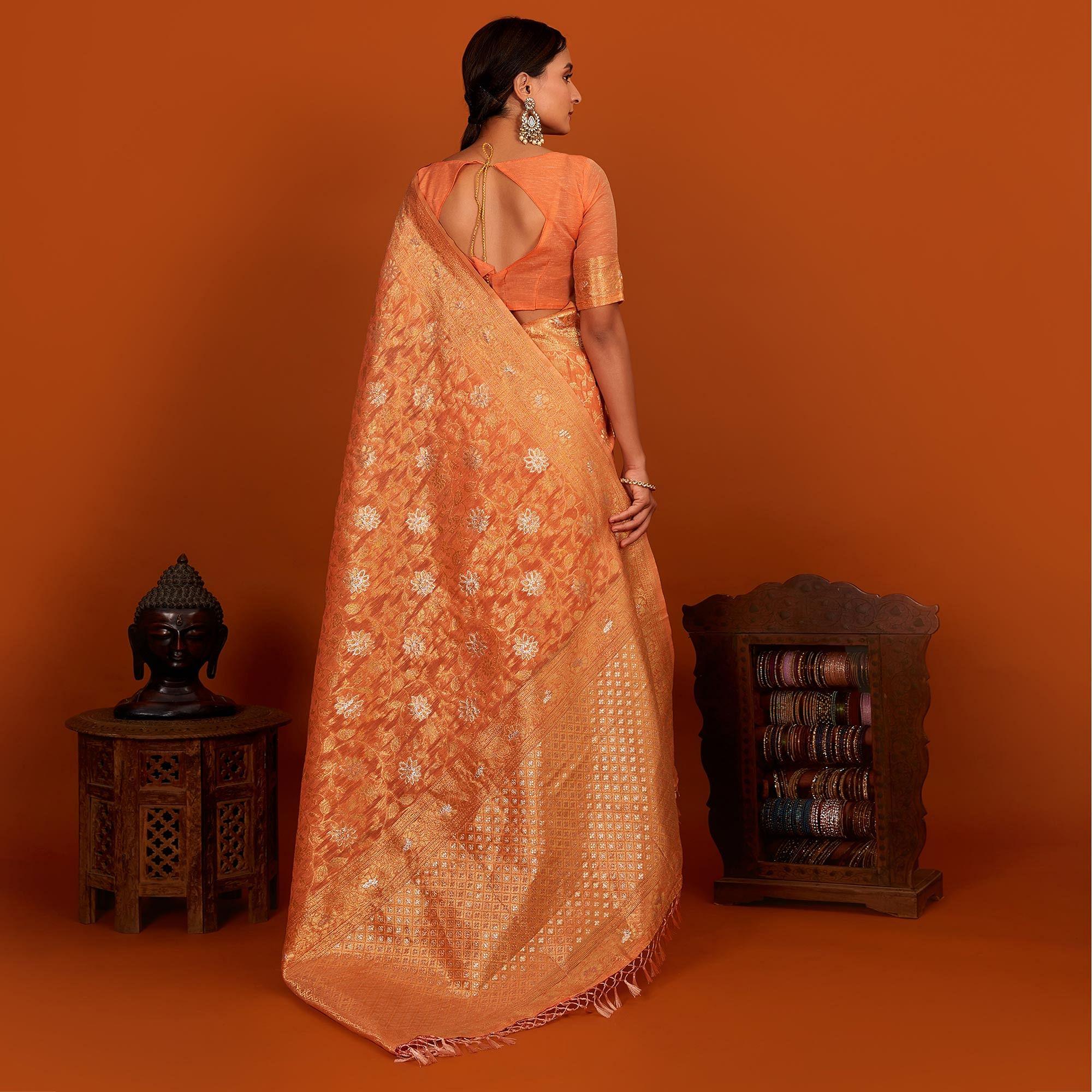 Orange Festive Wear Woven Cotton Saree With Tassels - Peachmode