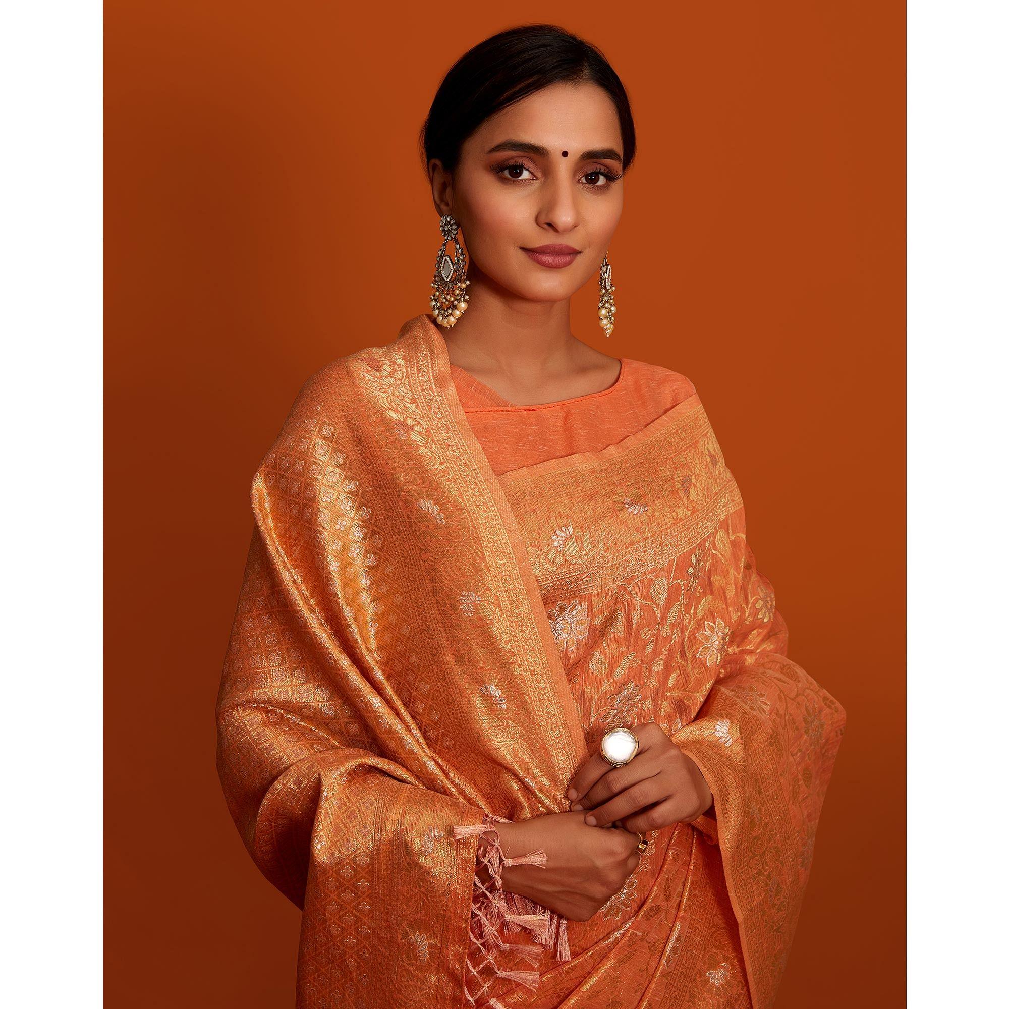 Orange Festive Wear Woven Cotton Saree With Tassels - Peachmode