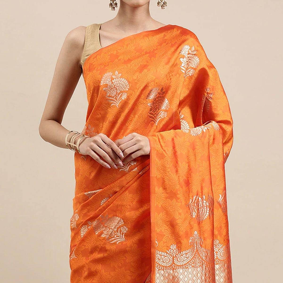 Orange Festive Wear Woven Cotton Silk Designer Saree - Peachmode