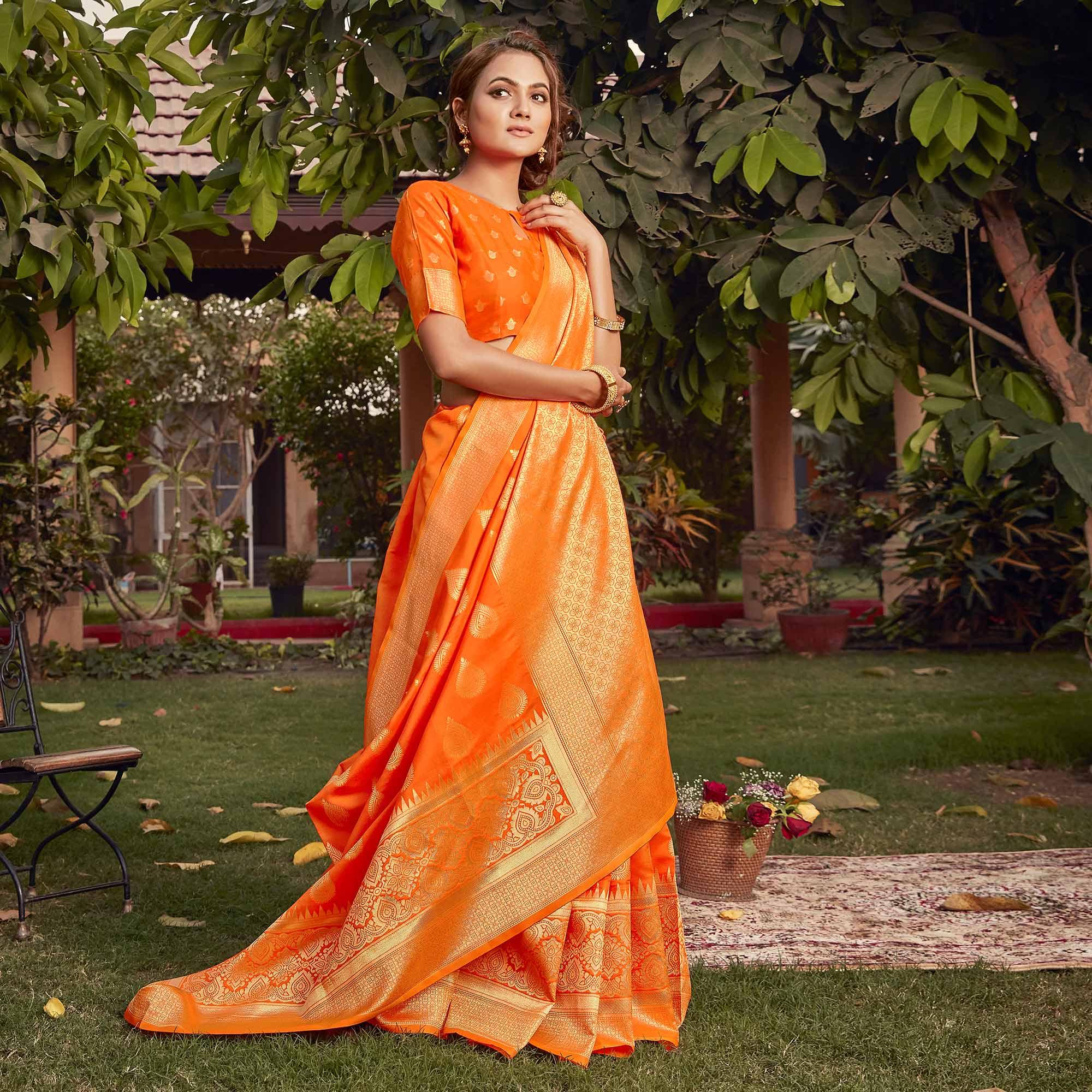 Orange Festive Wear Woven Cotton Silk Saree - Peachmode