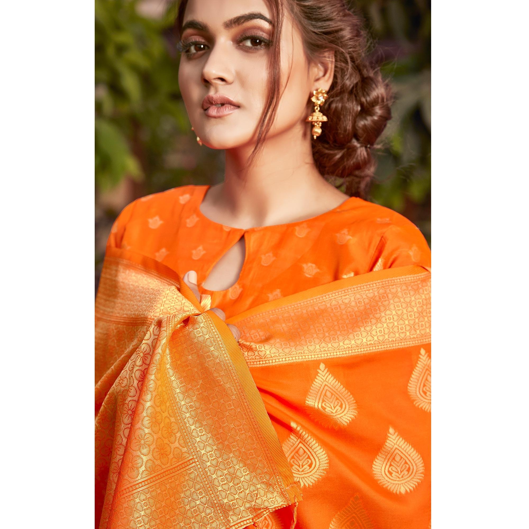 Orange Festive Wear Woven Cotton Silk Saree - Peachmode