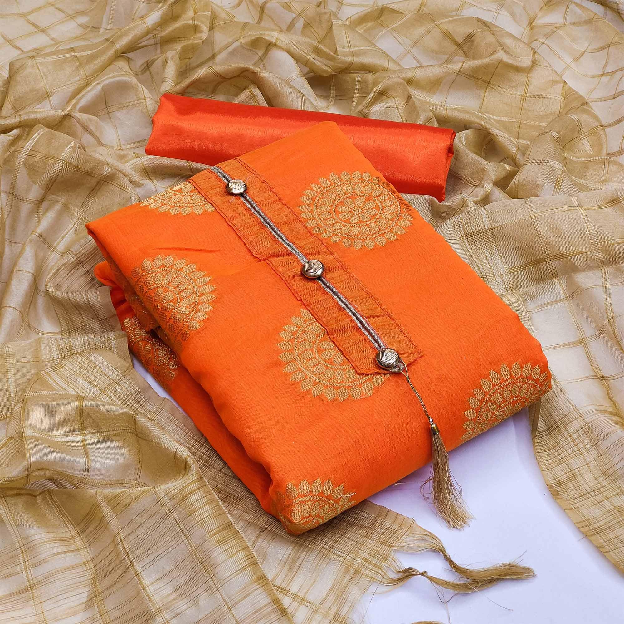 Orange Festive Wear Woven Designer Banarasi Silk Jacquard Dress Material - Peachmode