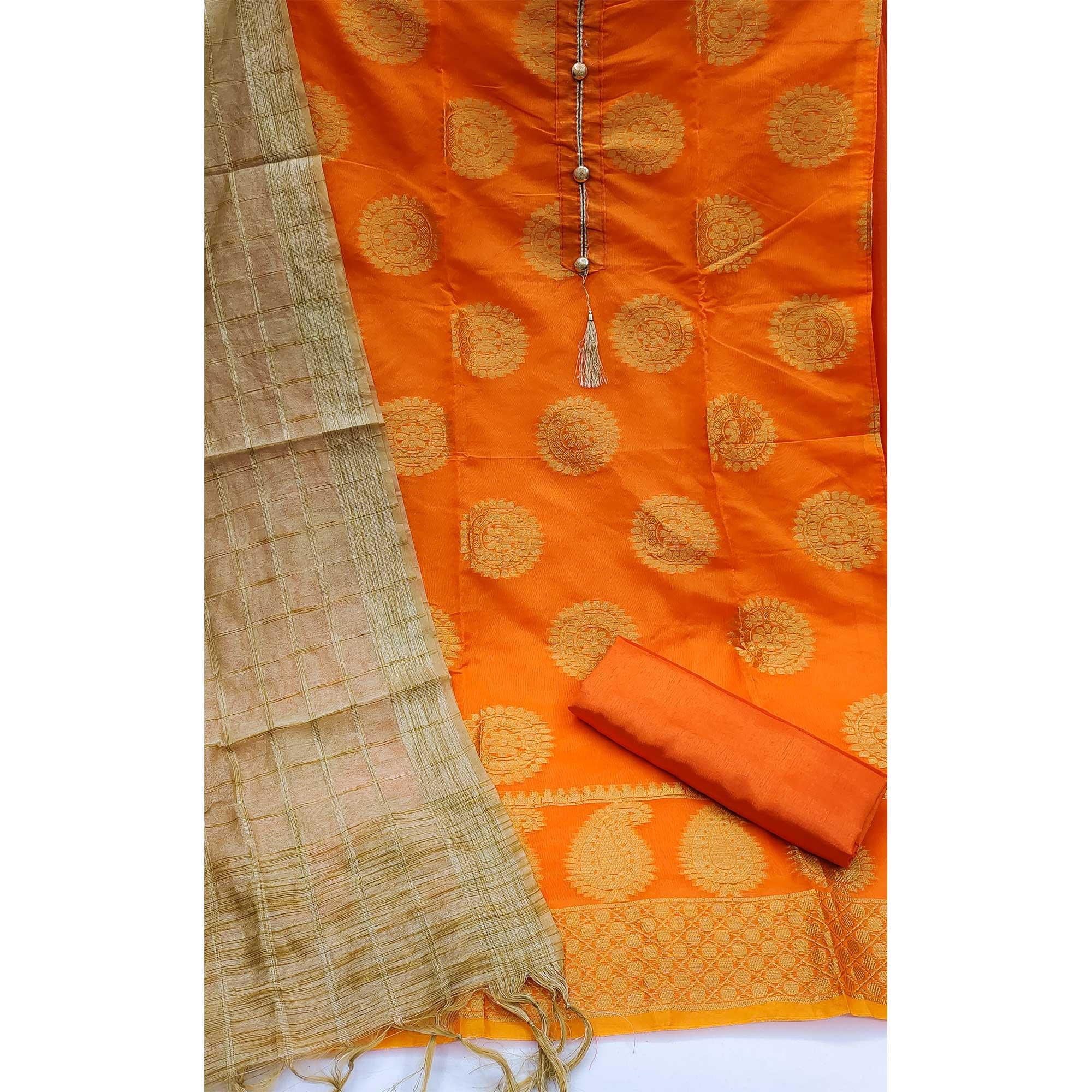 Orange Festive Wear Woven Designer Banarasi Silk Jacquard Dress Material - Peachmode