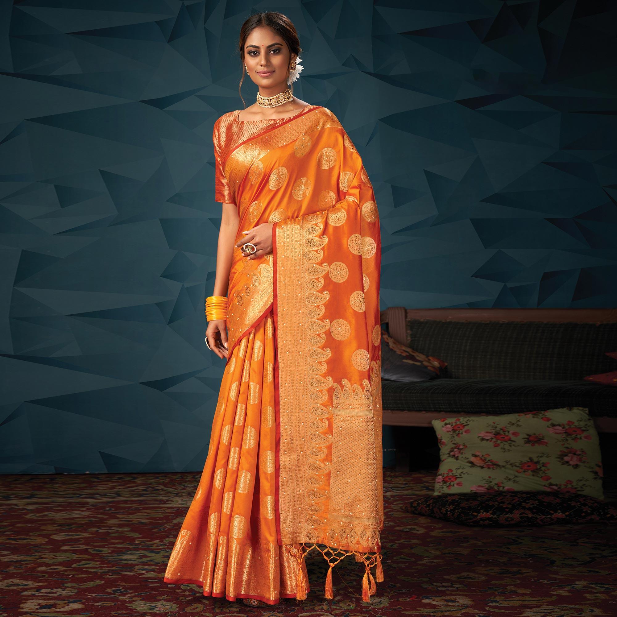 Orange Festive Wear Woven-Embellished Silk Saree With Tassels - Peachmode