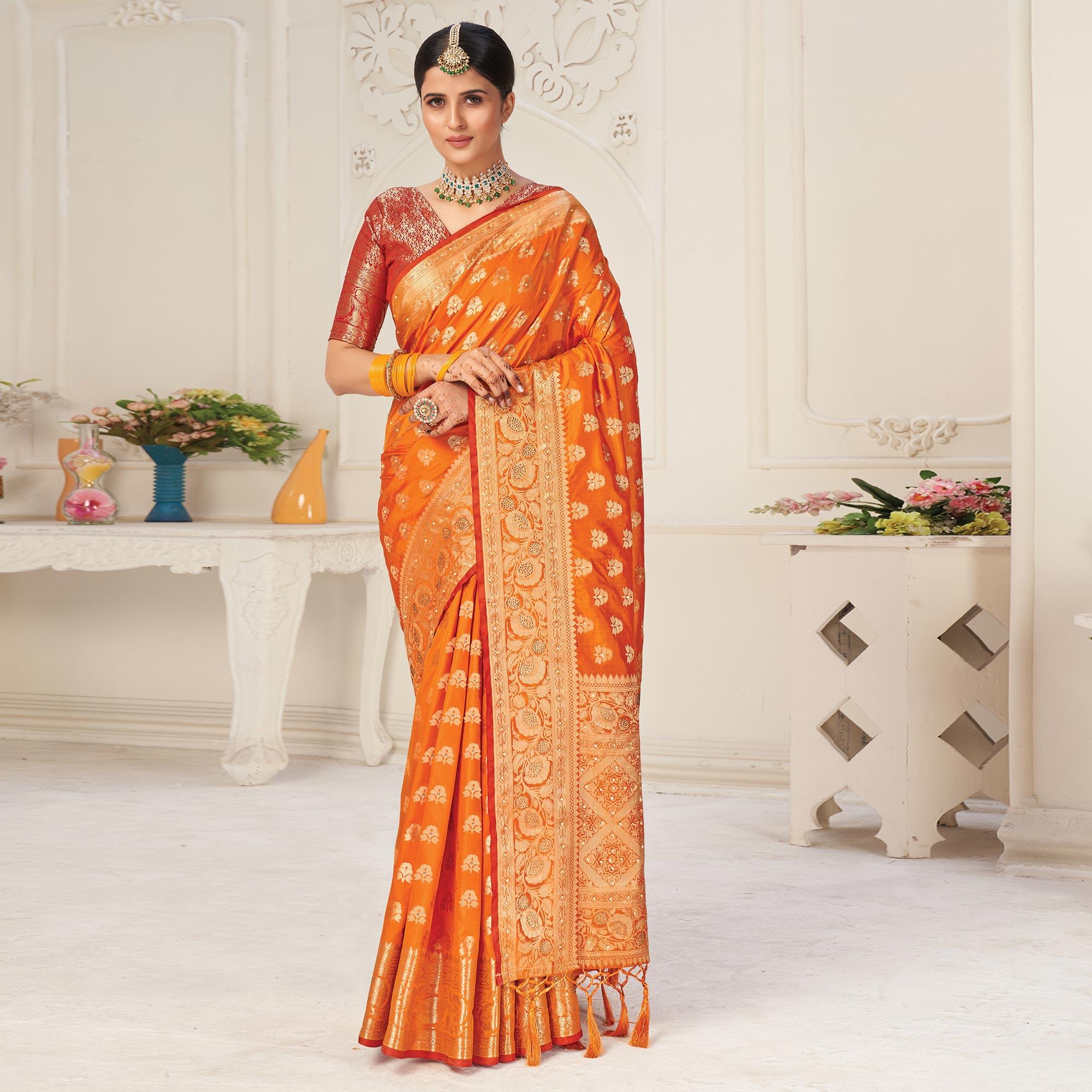 Orange Festive Wear Woven-Embellished Silk Saree With Tassels - Peachmode
