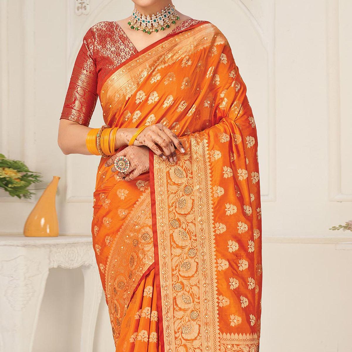 Orange Festive Wear Woven-Embellished Silk Saree With Tassels - Peachmode
