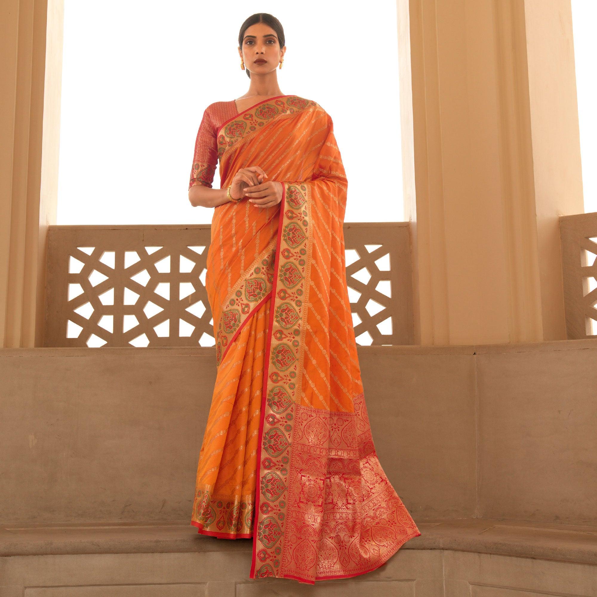 Orange Festive Wear Woven Handloom Saree - Peachmode
