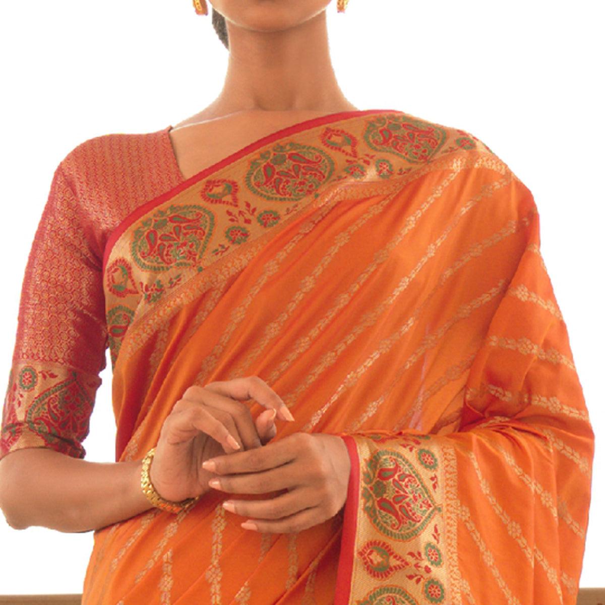 Orange Festive Wear Woven Handloom Saree - Peachmode