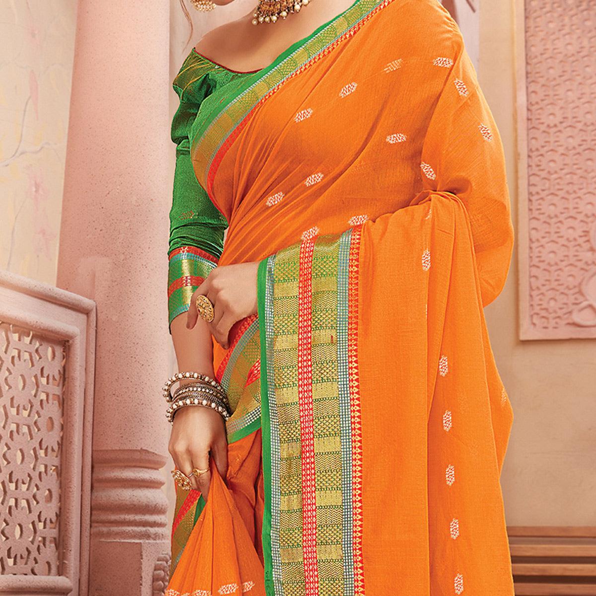Orange Festive Wear Woven Handloom Silk Saree - Peachmode