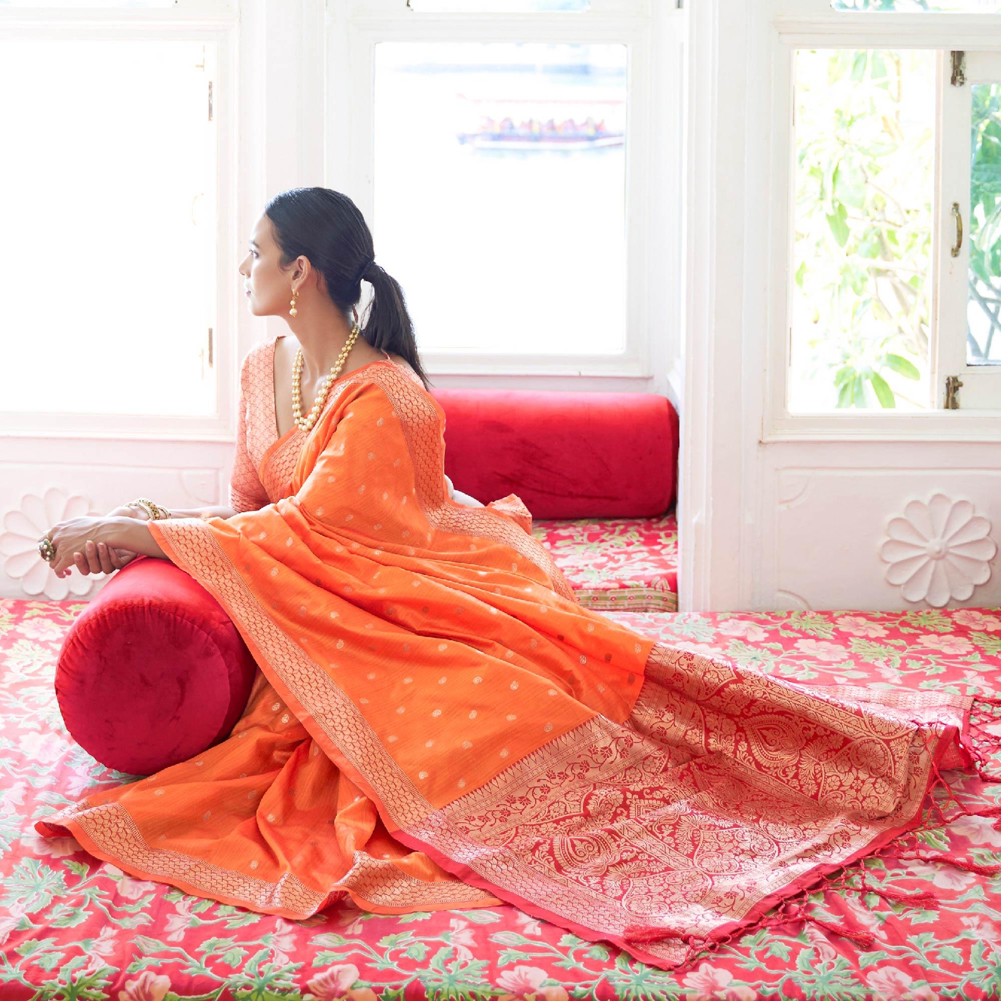 Orange Festive Wear Woven Handloom Silk Saree - Peachmode