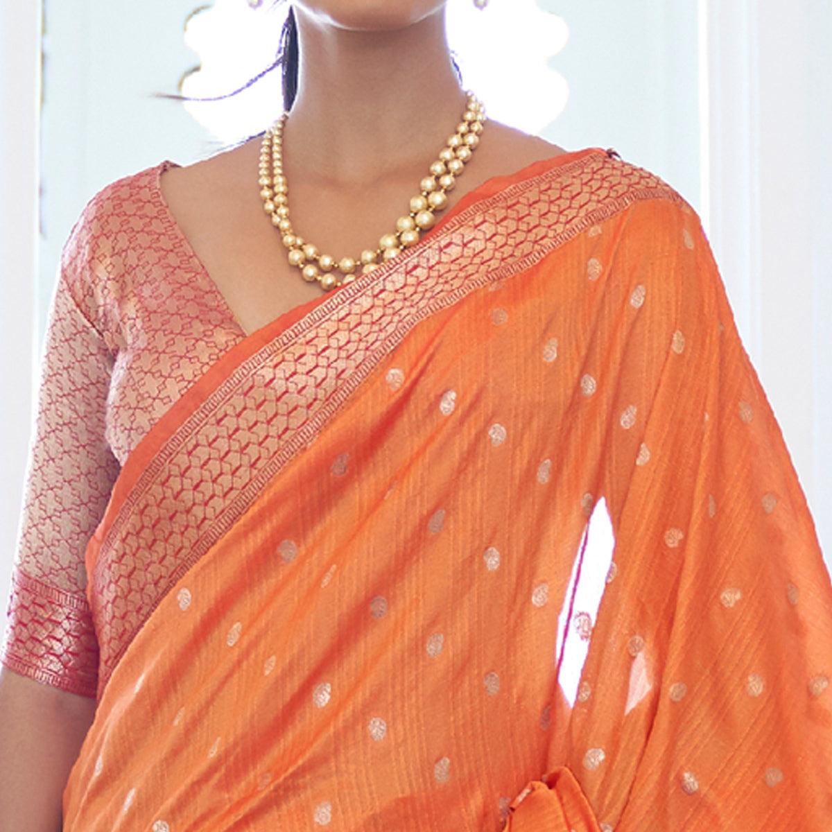 Orange Festive Wear Woven Handloom Silk Saree - Peachmode