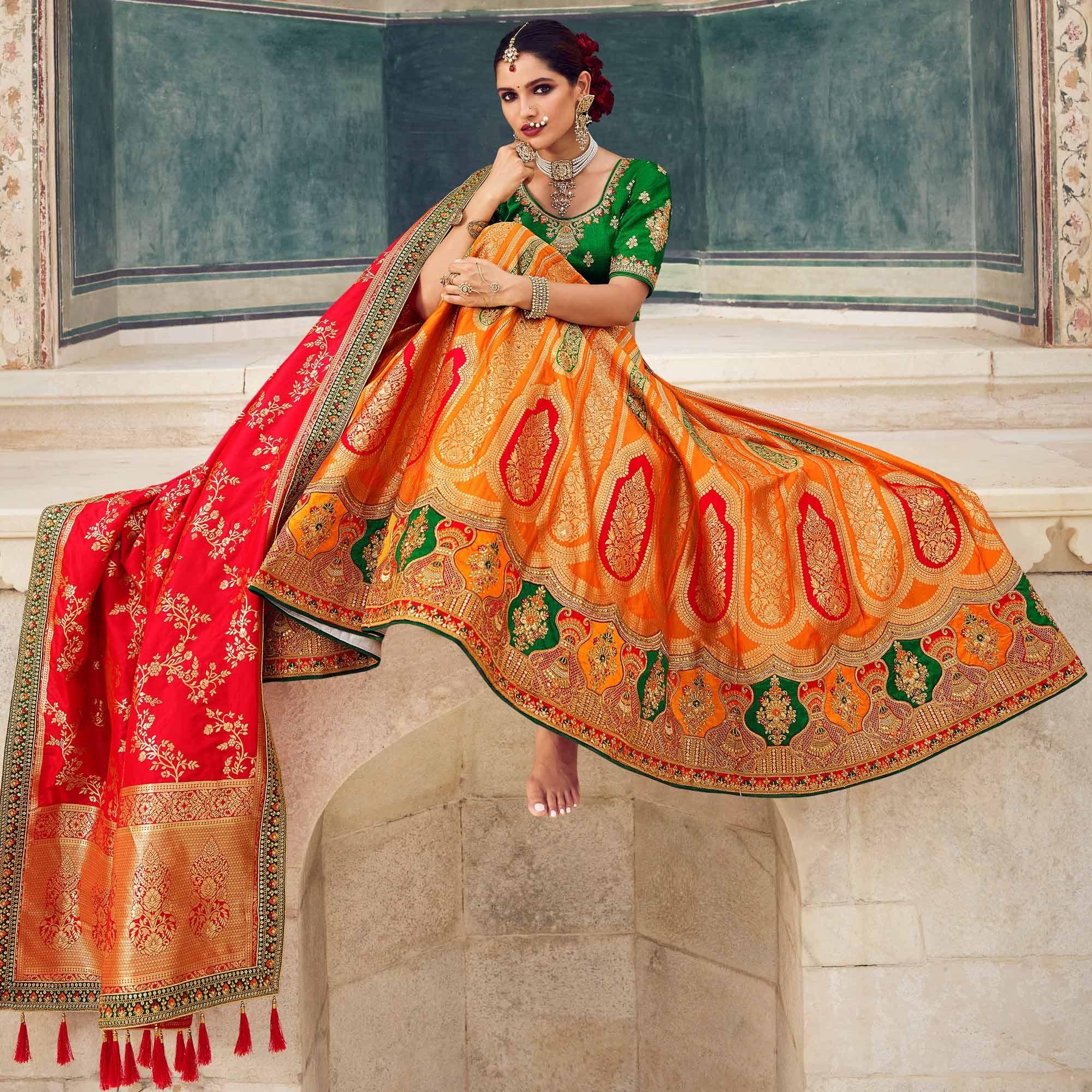 Orange Festive Wear Woven Heavy Banarasi Silk Lehenga Choli - Peachmode