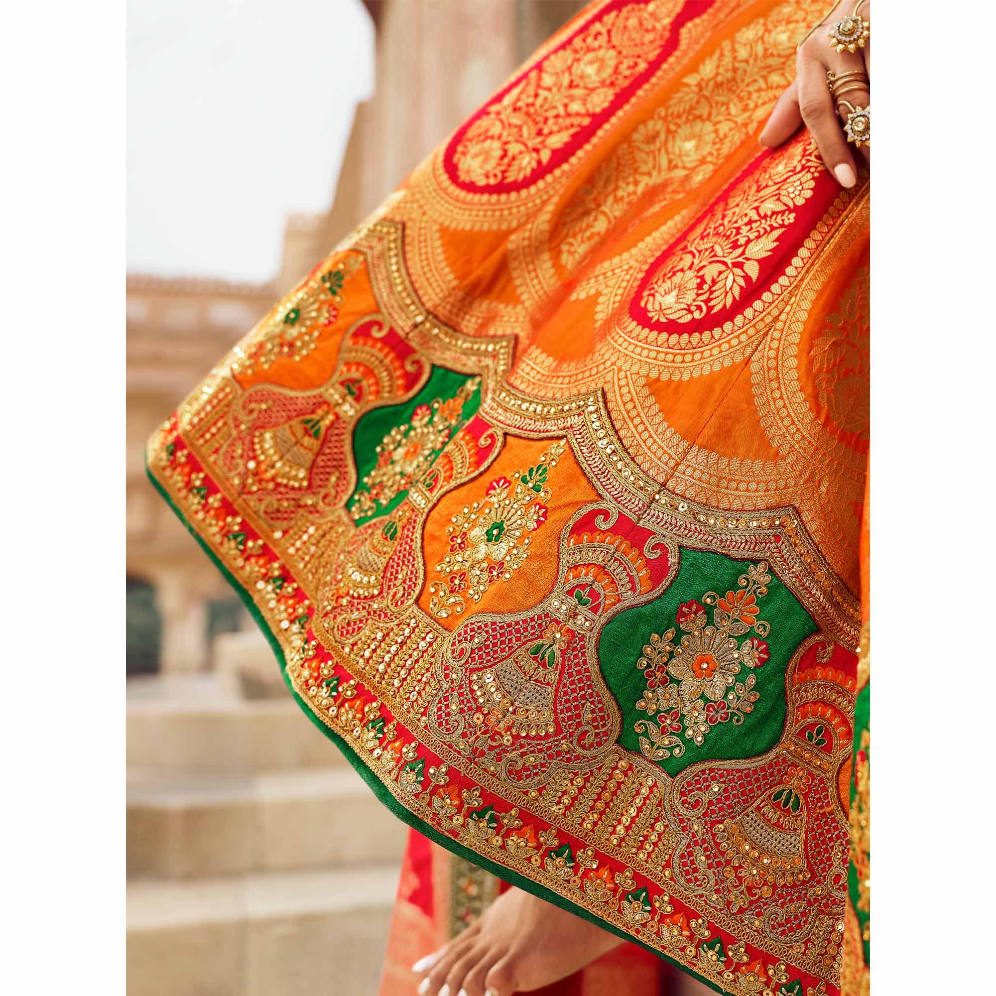 Orange Festive Wear Woven Heavy Banarasi Silk Lehenga Choli - Peachmode