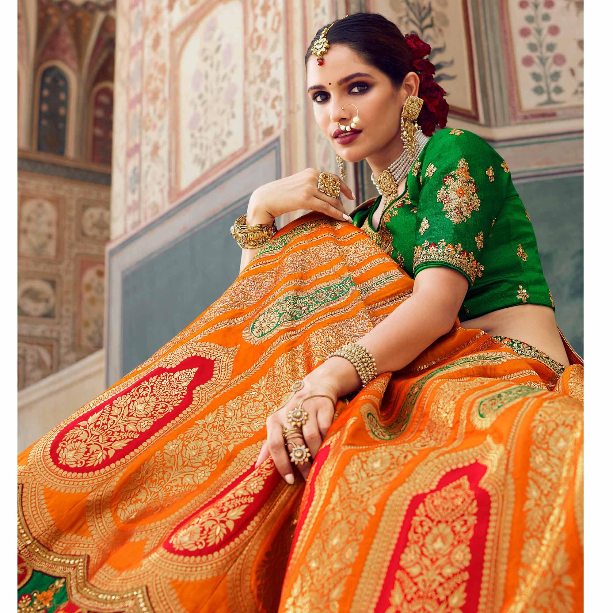 Orange Festive Wear Woven Heavy Banarasi Silk Lehenga Choli - Peachmode