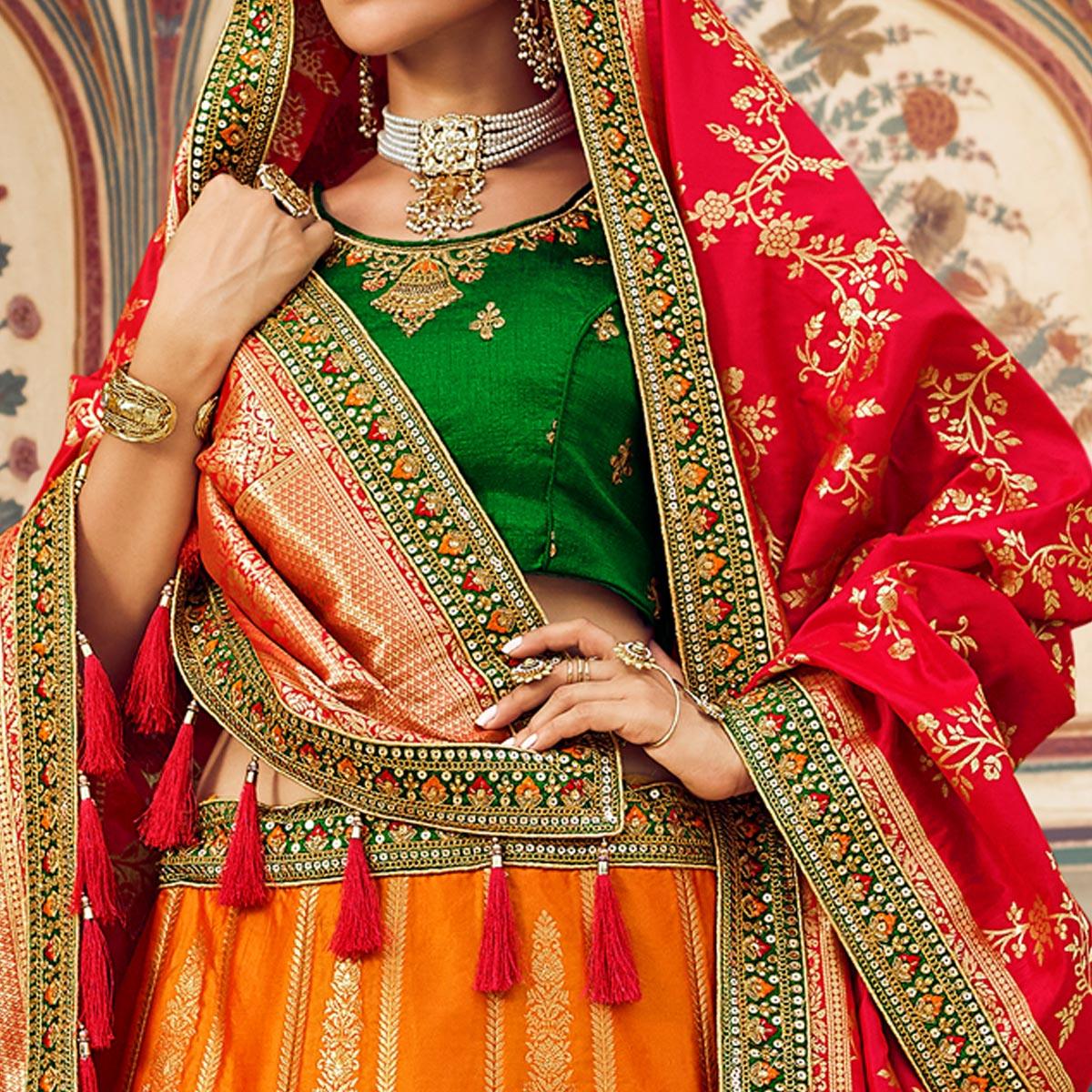 Orange Festive Wear Woven Heavy Banarasi Silk Lehenga Choli - Peachmode