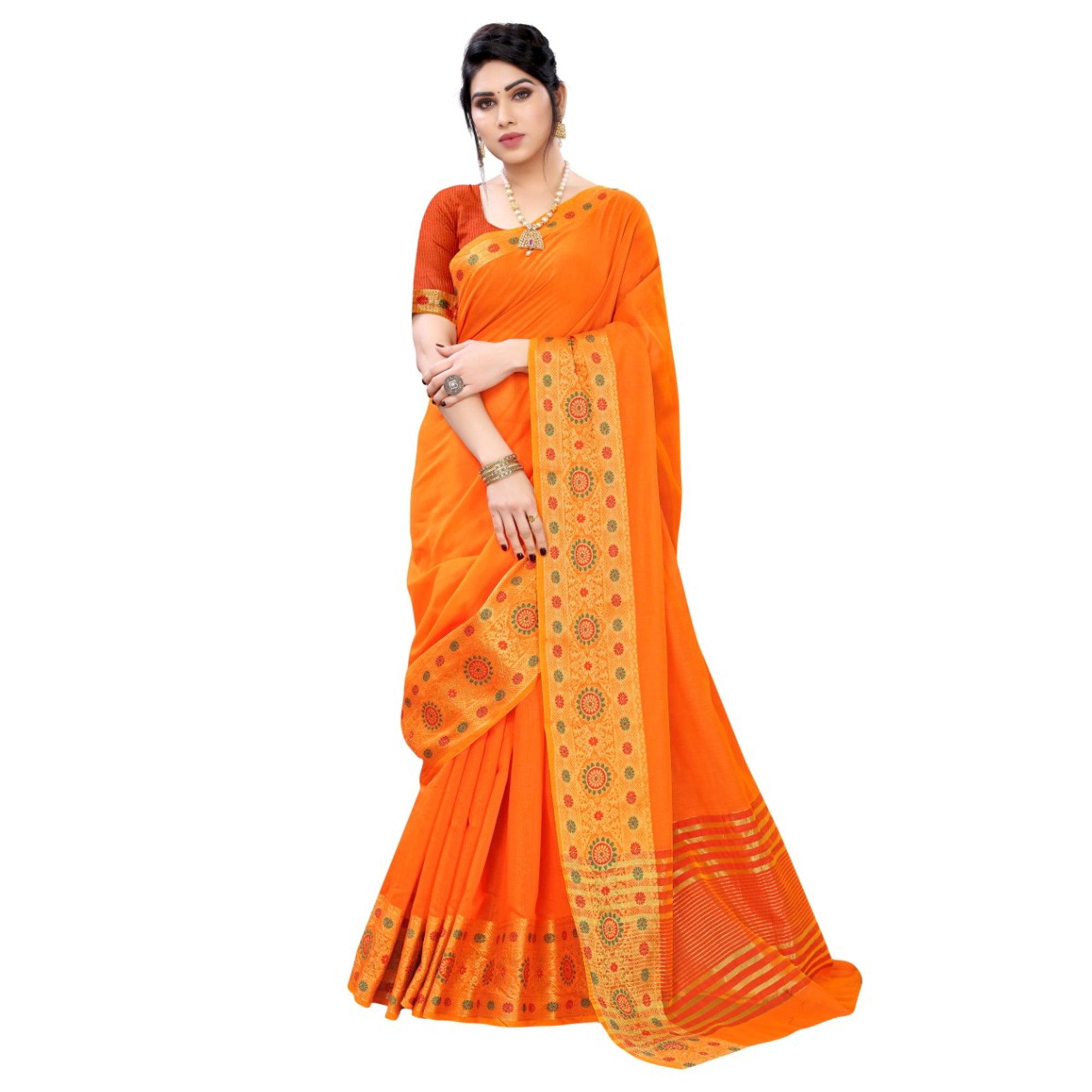 Orange Festive Wear Woven Jacquard Border Cotton Saree - Peachmode
