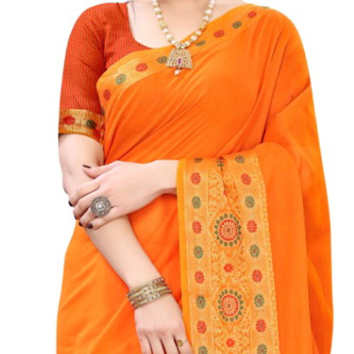 Orange Festive Wear Woven Jacquard Border Cotton Saree - Peachmode