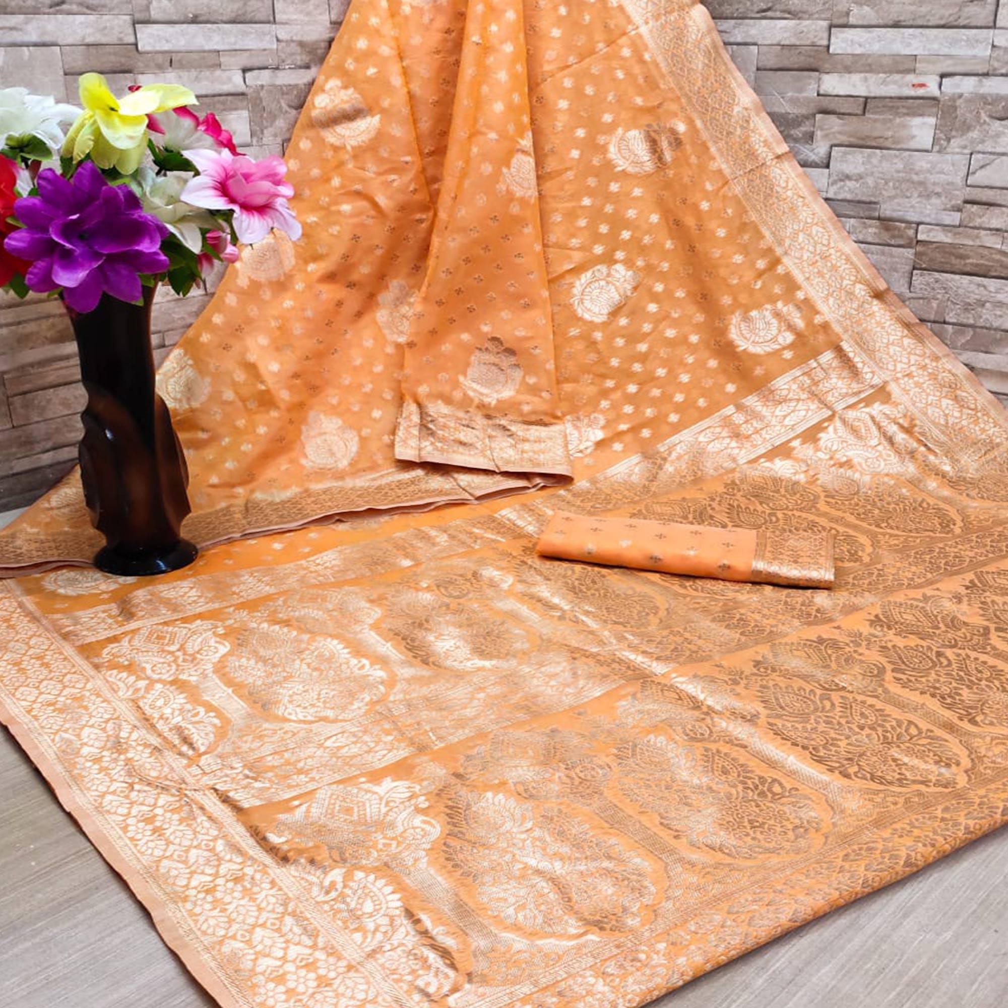 Orange Festive Wear Woven Jacquard Silk Saree - Peachmode